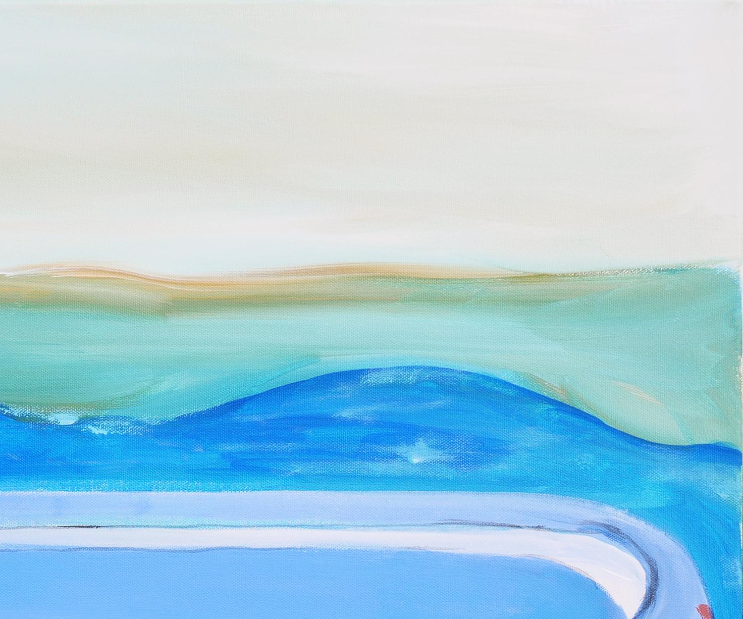 „“Salvamivida“ Kalt getönte abstrakte zeitgenössische Meereslandschaft mit blauem Lifeboat (Blau), Abstract Painting, von Moisés Villafuerte