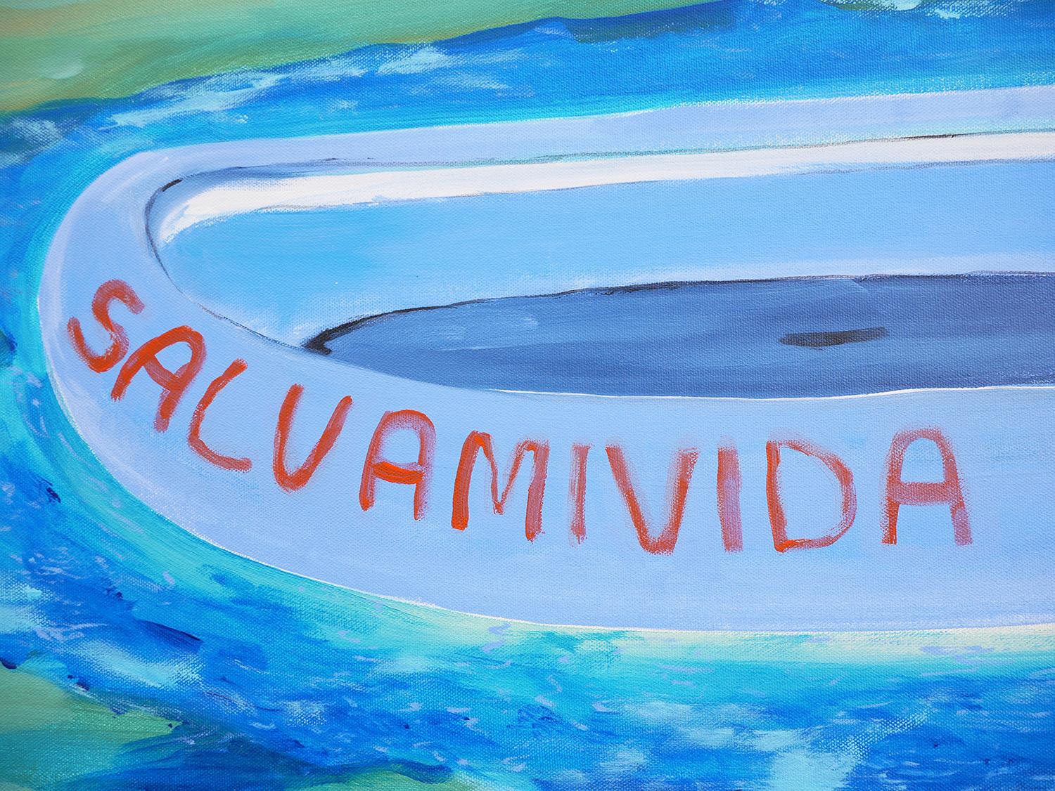 „“Salvamivida“ Kalt getönte abstrakte zeitgenössische Meereslandschaft mit blauem Lifeboat 2