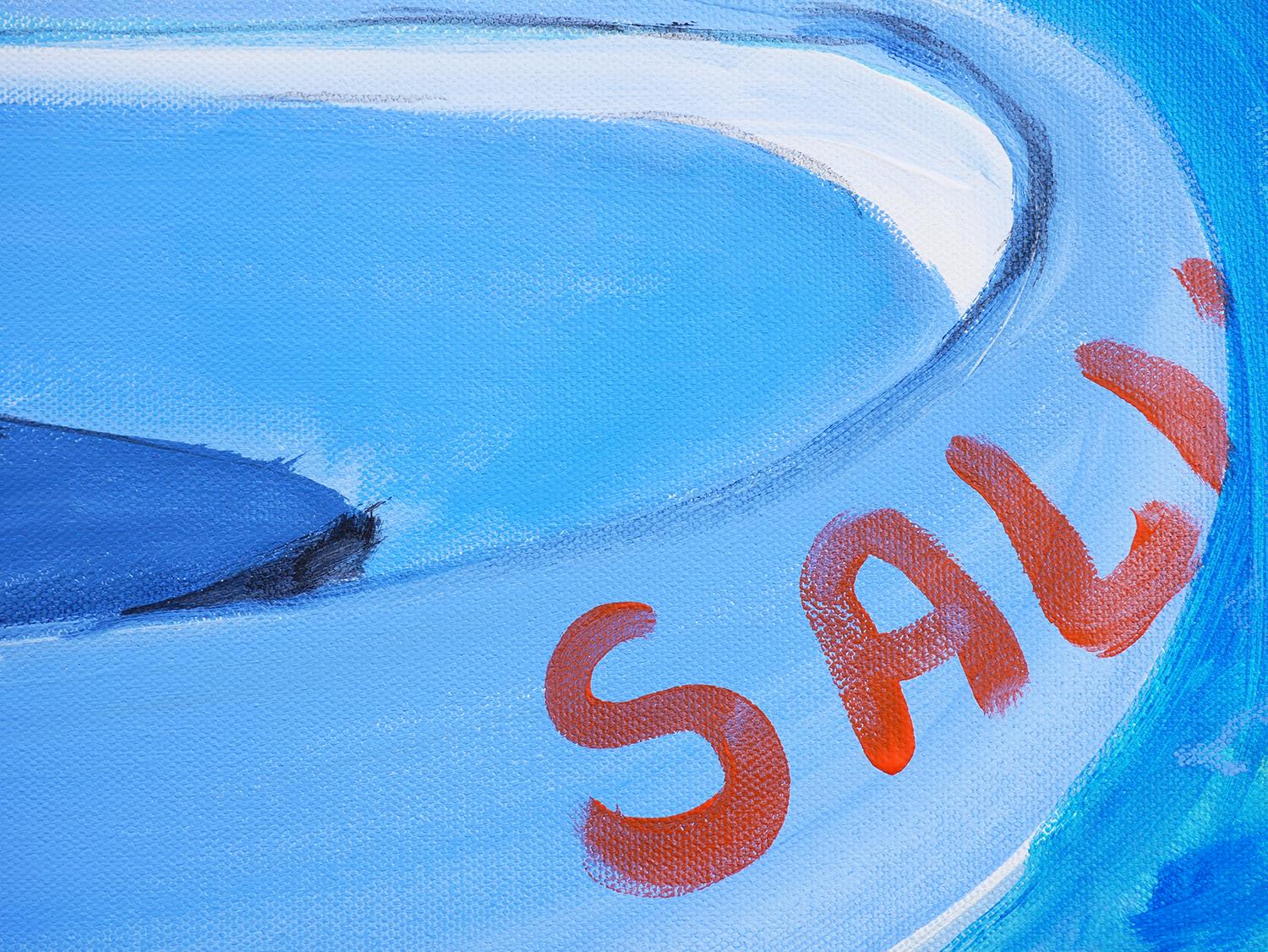 „“Salvamivida“ Kalt getönte abstrakte zeitgenössische Meereslandschaft mit blauem Lifeboat 3