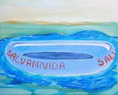 "Salvamivida" Cool Toned Abstract Contemporary Seascape with a Blue Lifeboat