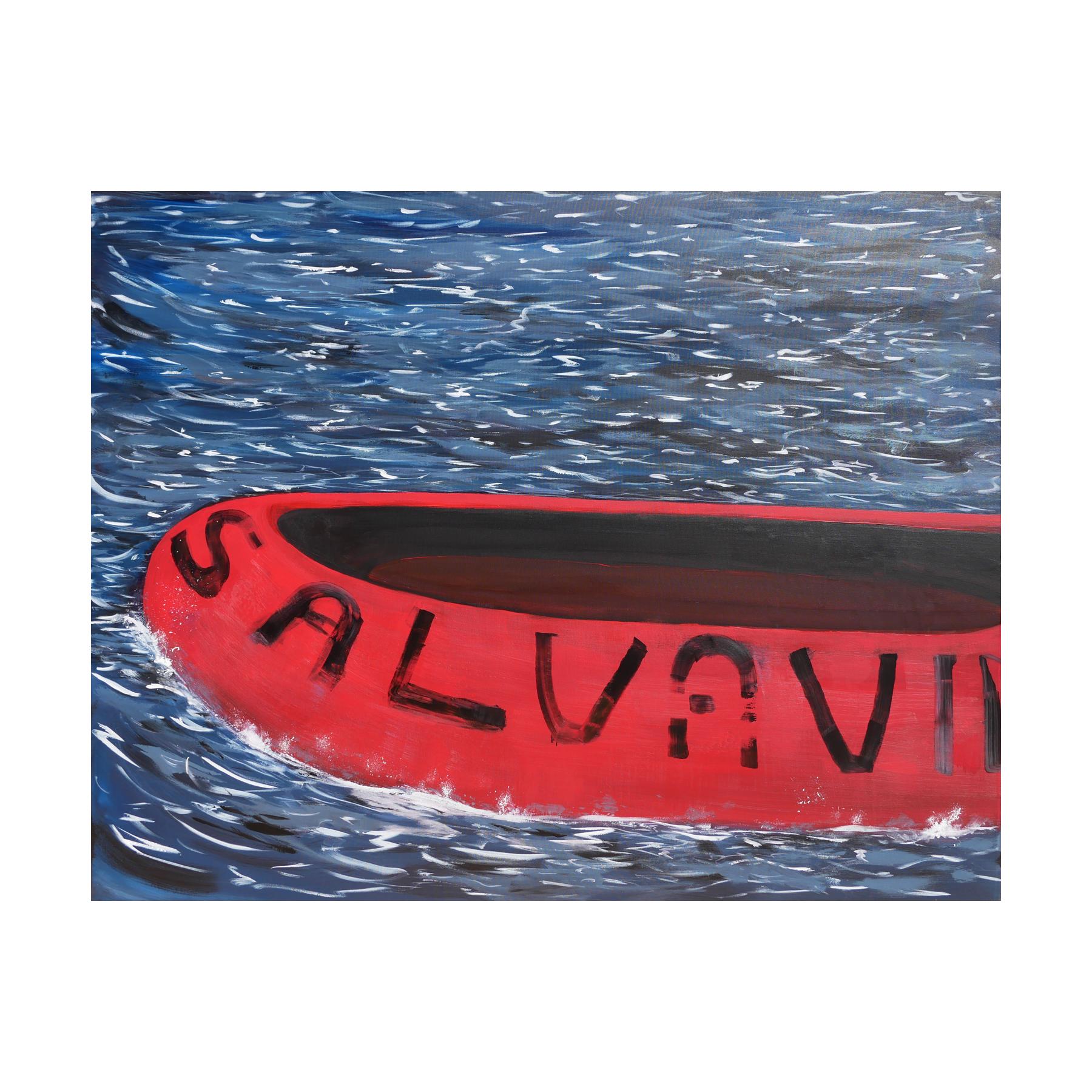 Salvavida - Peinture de paysage marin contemporain bleu, rouge et blanc avec textes - Painting de Moisés Villafuerte