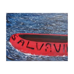 "Salvavida" Blue, Red, and White Contemporary Seascape Painting with Texts