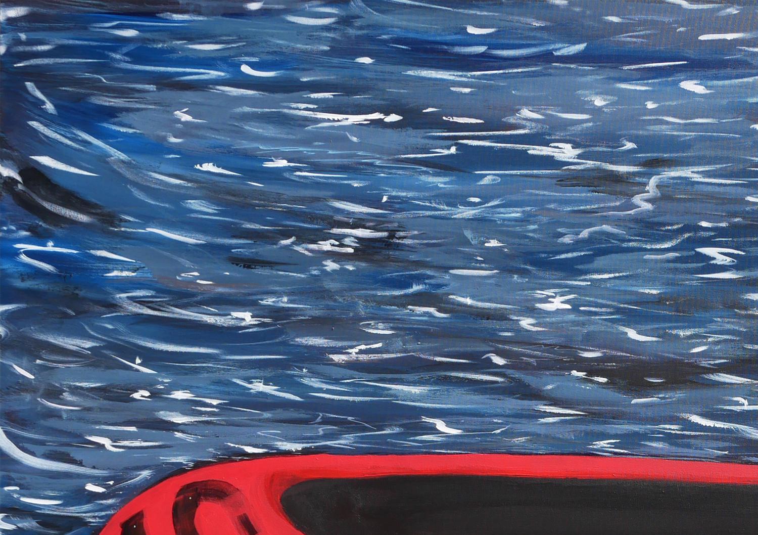 Salvavida - Peinture de paysage marin contemporain bleu, rouge et blanc avec textes - Contemporain Painting par Moisés Villafuerte