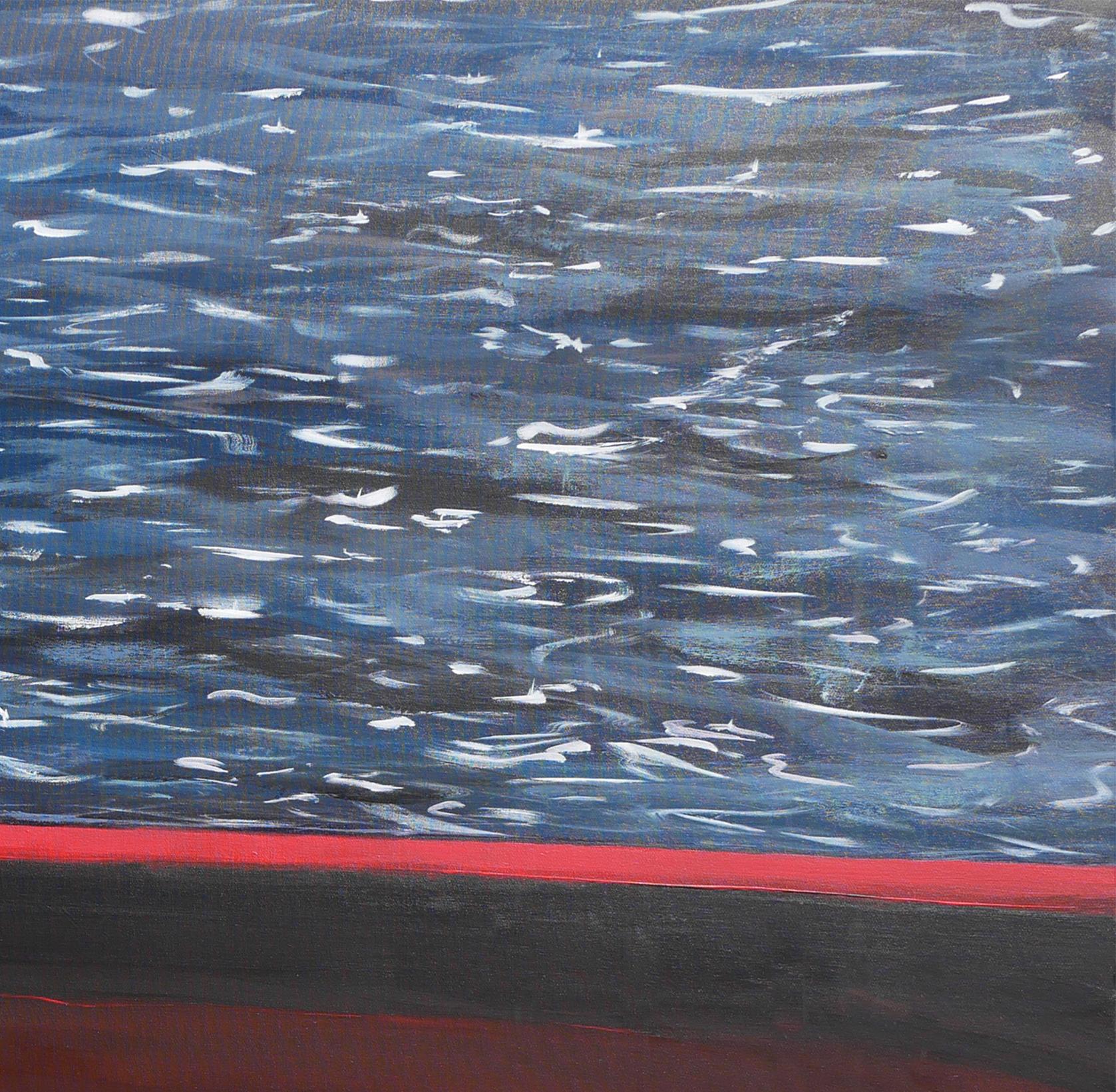 Paysage marin abstrait contemporain bleu et rouge de l'artiste Moisés Villafuerte, de Houston, au Texas. Cette peinture abstraite représente un grand bateau de sauvetage rouge avec le texte 