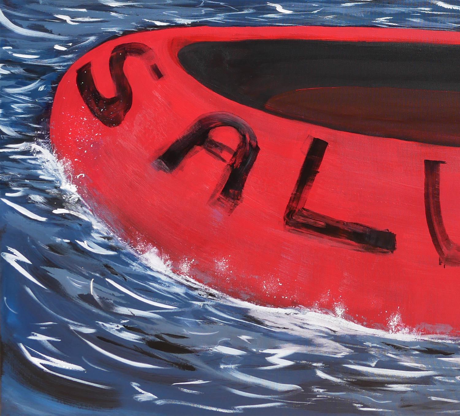 Paesaggio marino astratto contemporaneo blu e rosso dell'artista Moisés Villafuerte di Houston, TX. Questo quadro astratto presenta una grande scialuppa di salvataggio rossa con il testo 