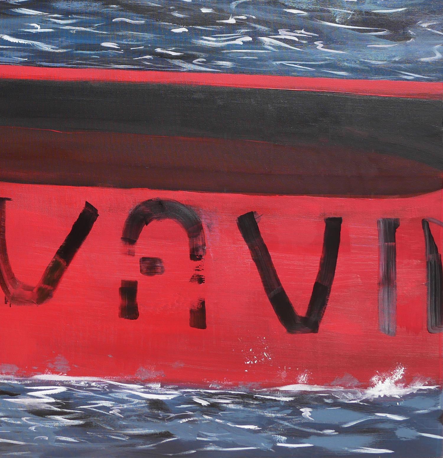 Salvavida - Peinture de paysage marin contemporain bleu, rouge et blanc avec textes en vente 2