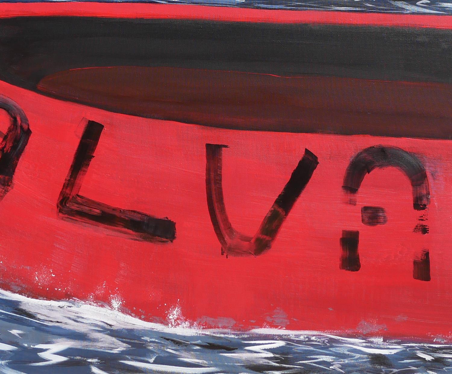 Salvavida - Peinture de paysage marin contemporain bleu, rouge et blanc avec textes en vente 3