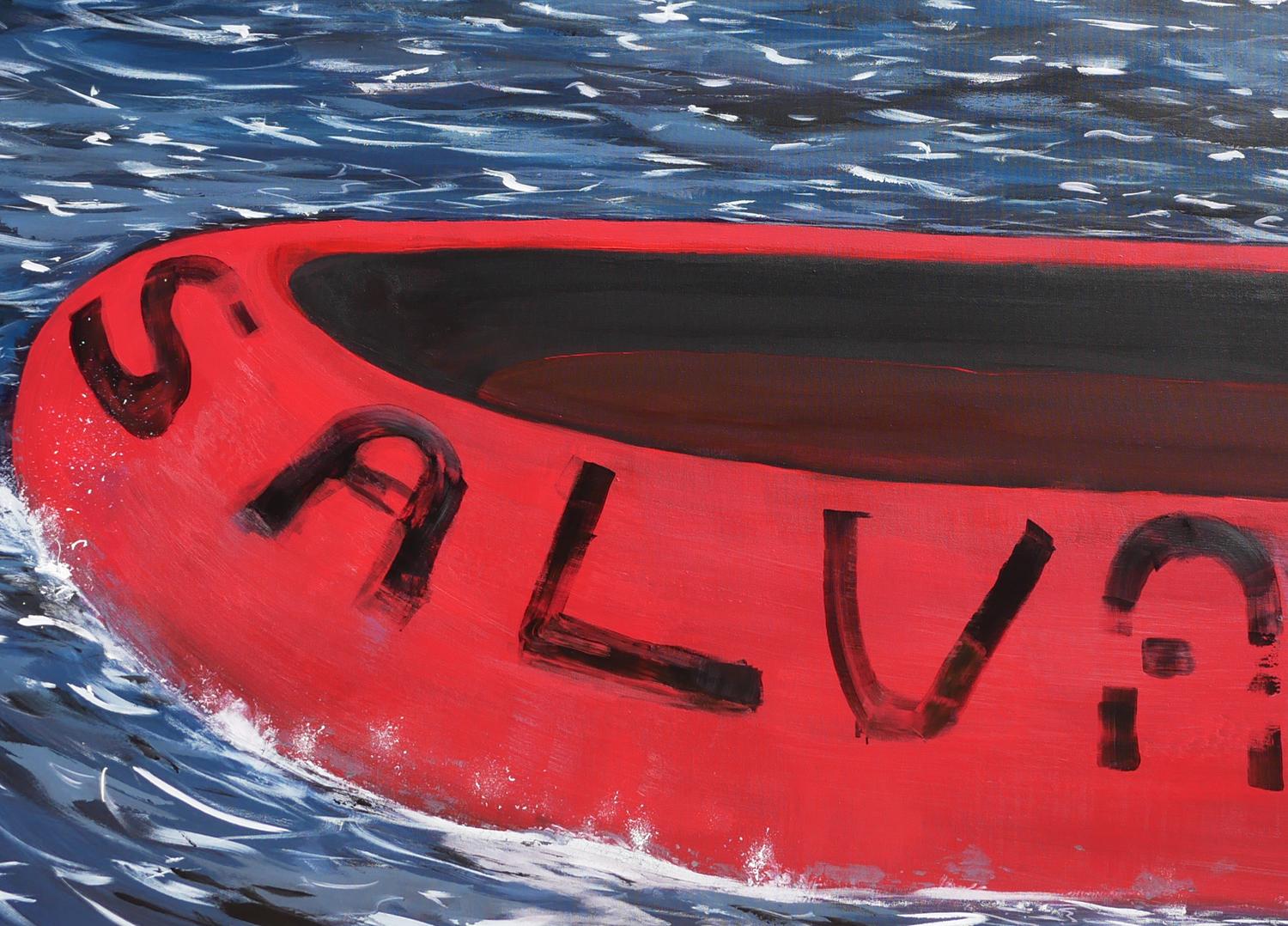 Salvavida - Peinture de paysage marin contemporain bleu, rouge et blanc avec textes en vente 4