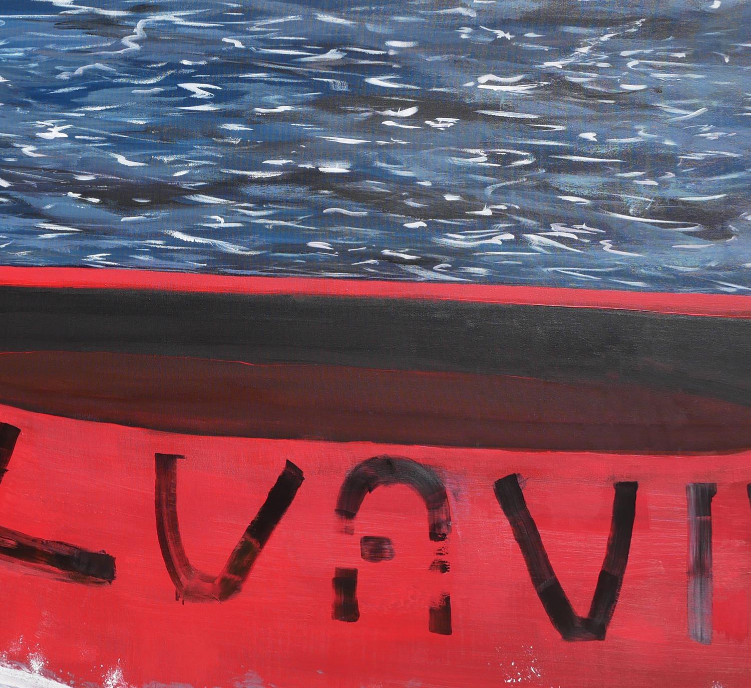 Salvavida - Peinture de paysage marin contemporain bleu, rouge et blanc avec textes en vente 5