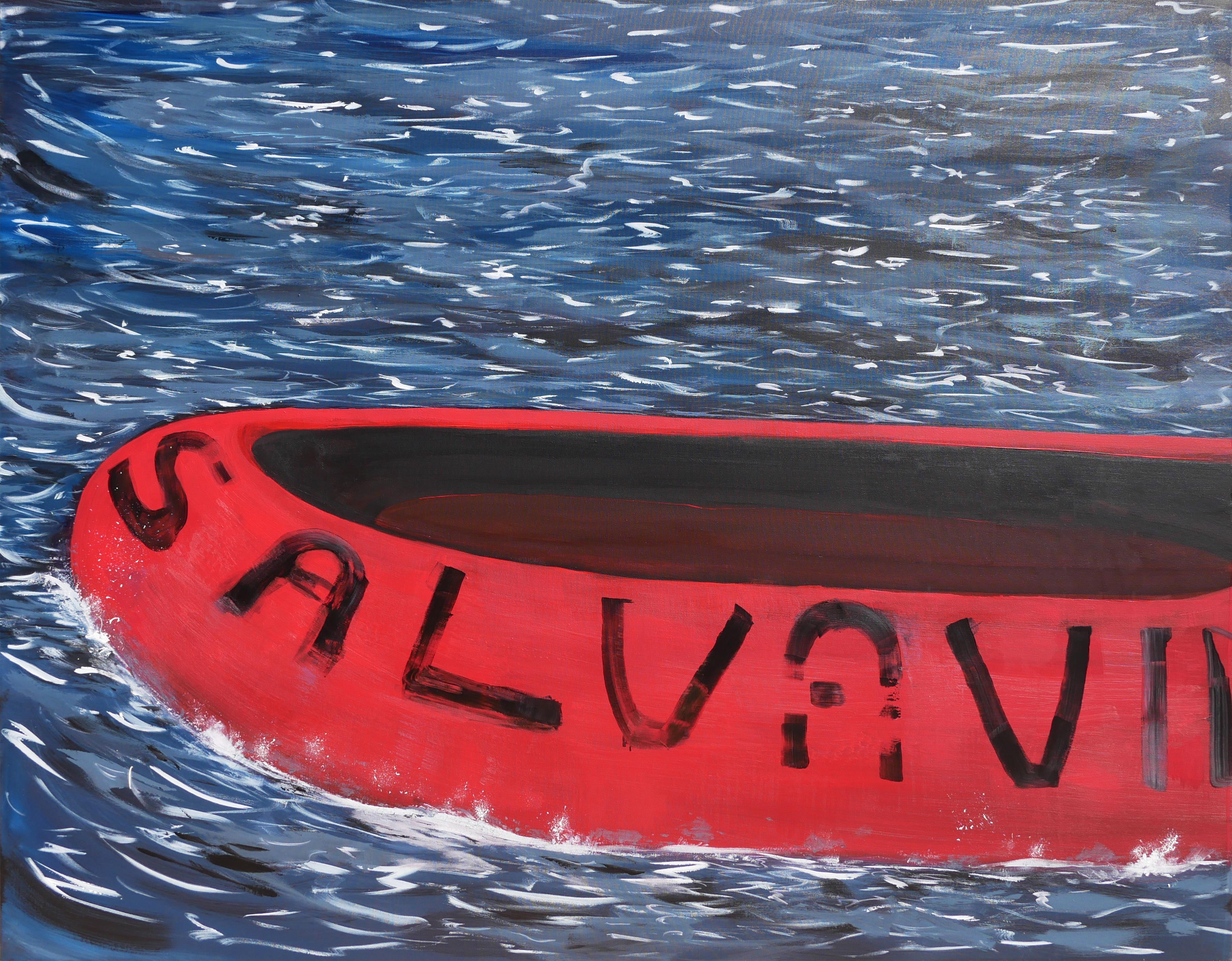 Abstract Painting Moisés Villafuerte - Salvavida - Peinture de paysage marin contemporain bleu, rouge et blanc avec textes