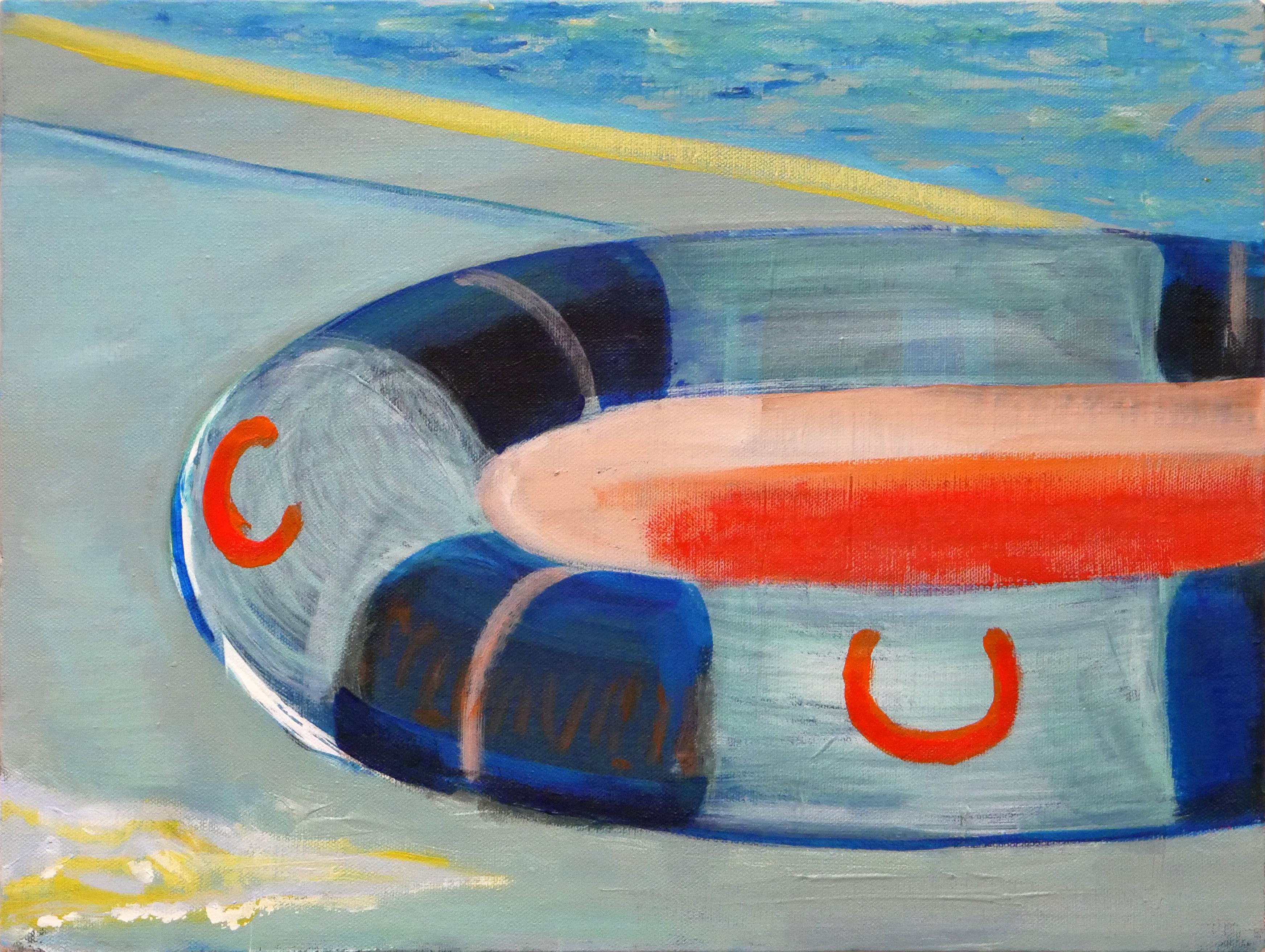 Moisés Villafuerte Abstract Painting - Small Blue and Bright Orange Abstract Contemporary Lifeboat Painting