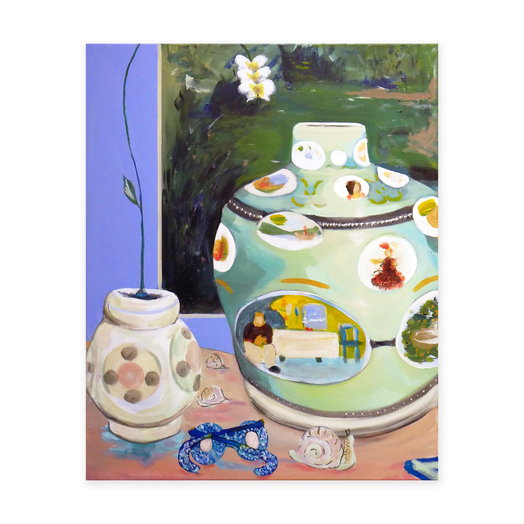 « Table des Temps », peinture contemporaine de nature morte aux tons pastel d'un vase et d'un orchidée - Painting de Moisés Villafuerte