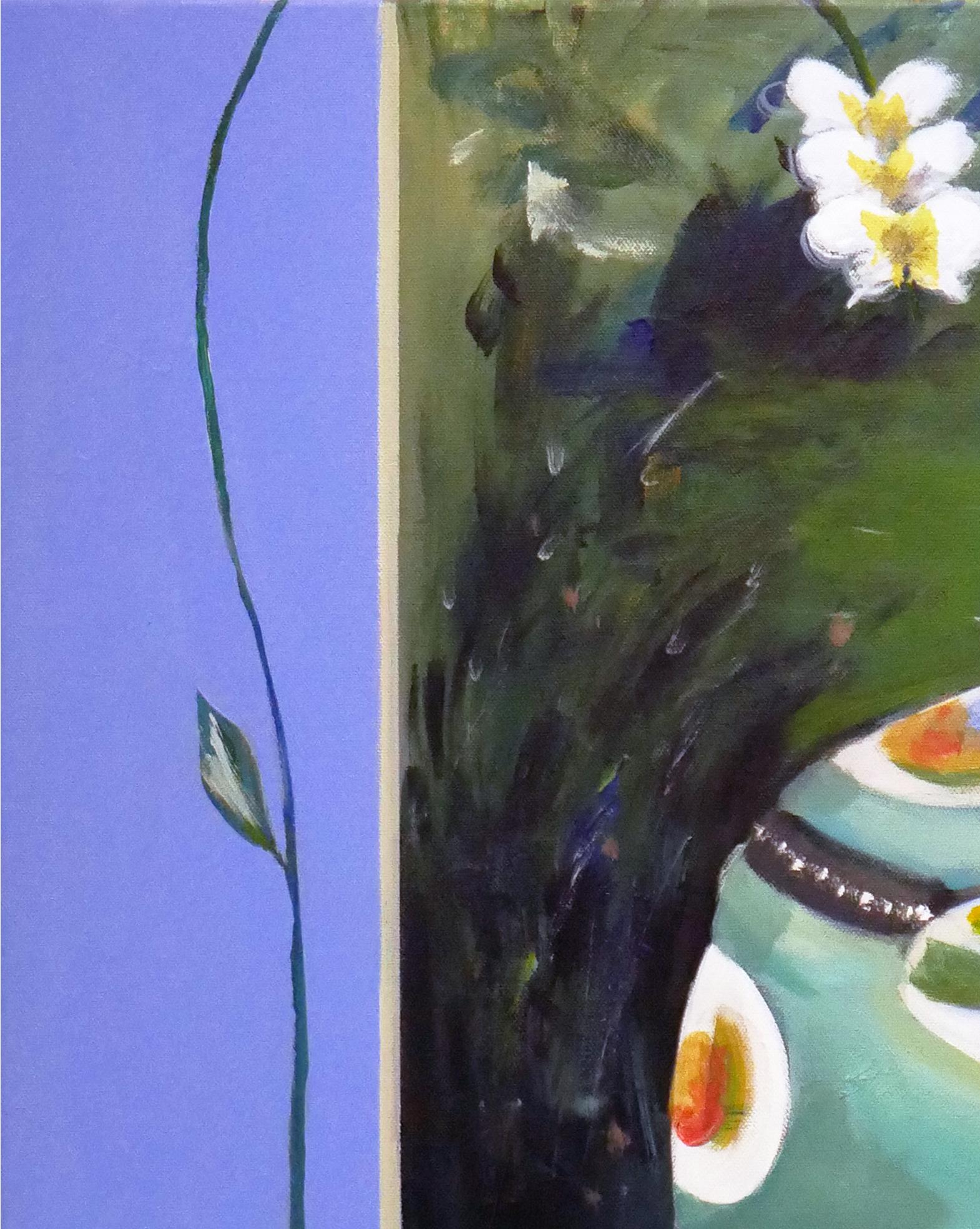 Zeitgenössisches pastellfarbenes Stillleben von Vase und Orchidee „Table des Temps“ (Grau), Interior Painting, von Moisés Villafuerte