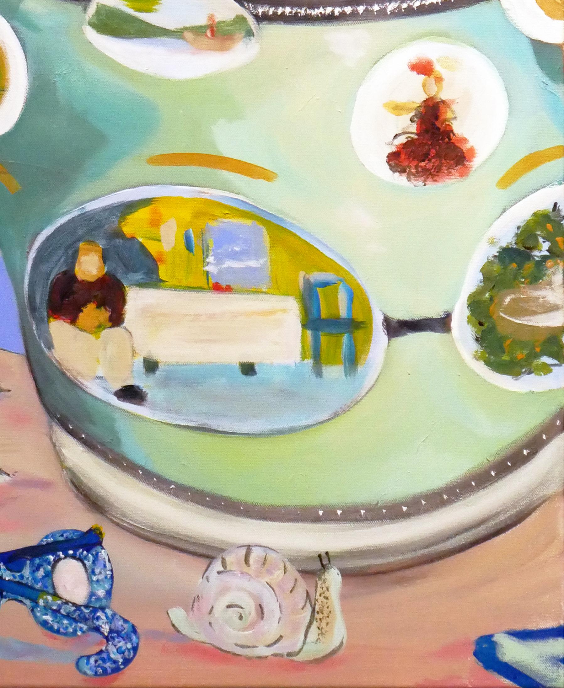 « Table des Temps », peinture contemporaine de nature morte aux tons pastel d'un vase et d'un orchidée en vente 1