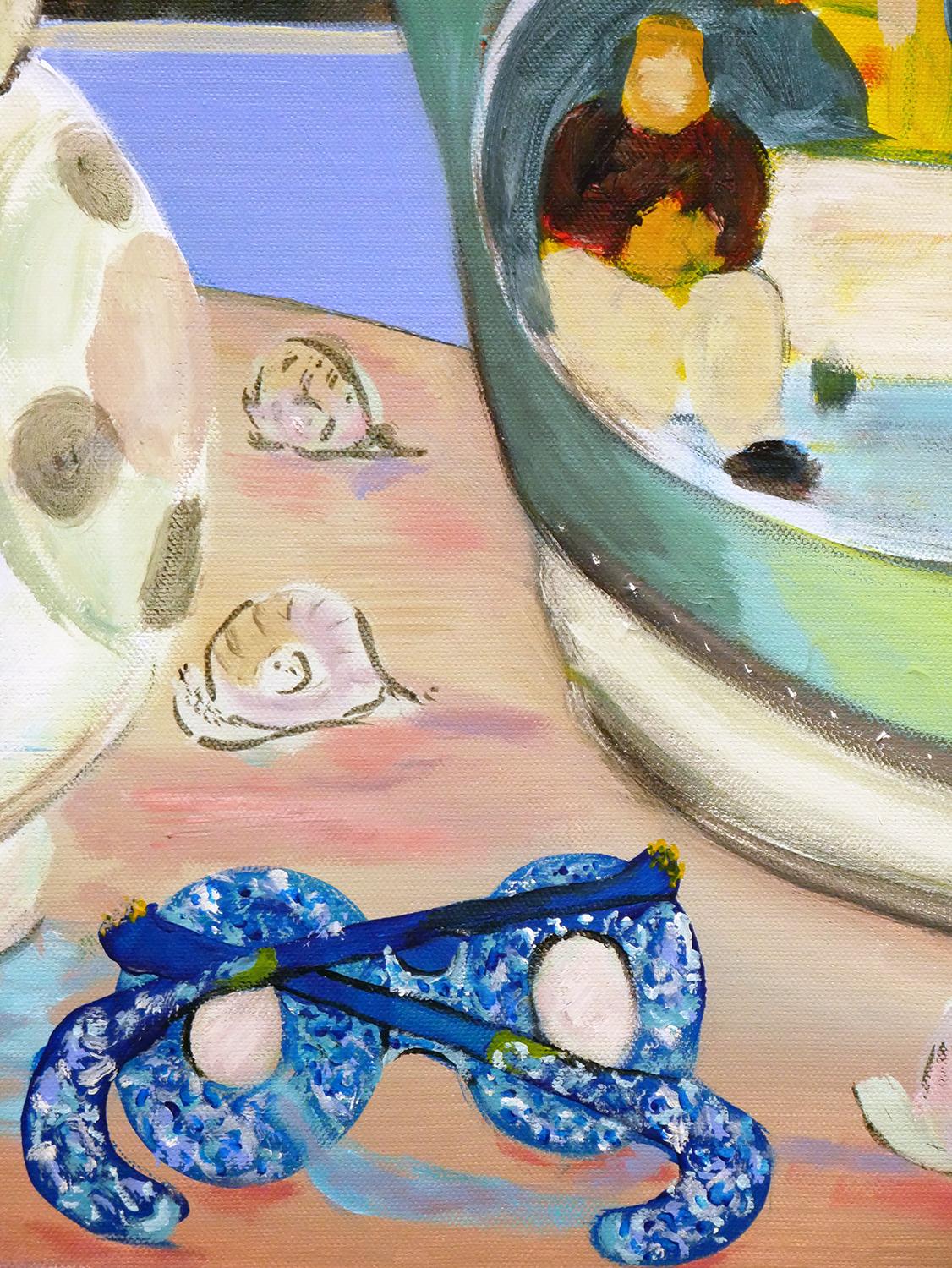 « Table des Temps », peinture contemporaine de nature morte aux tons pastel d'un vase et d'un orchidée en vente 2