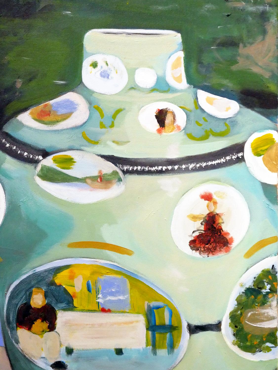 « Table des Temps », peinture contemporaine de nature morte aux tons pastel d'un vase et d'un orchidée en vente 3