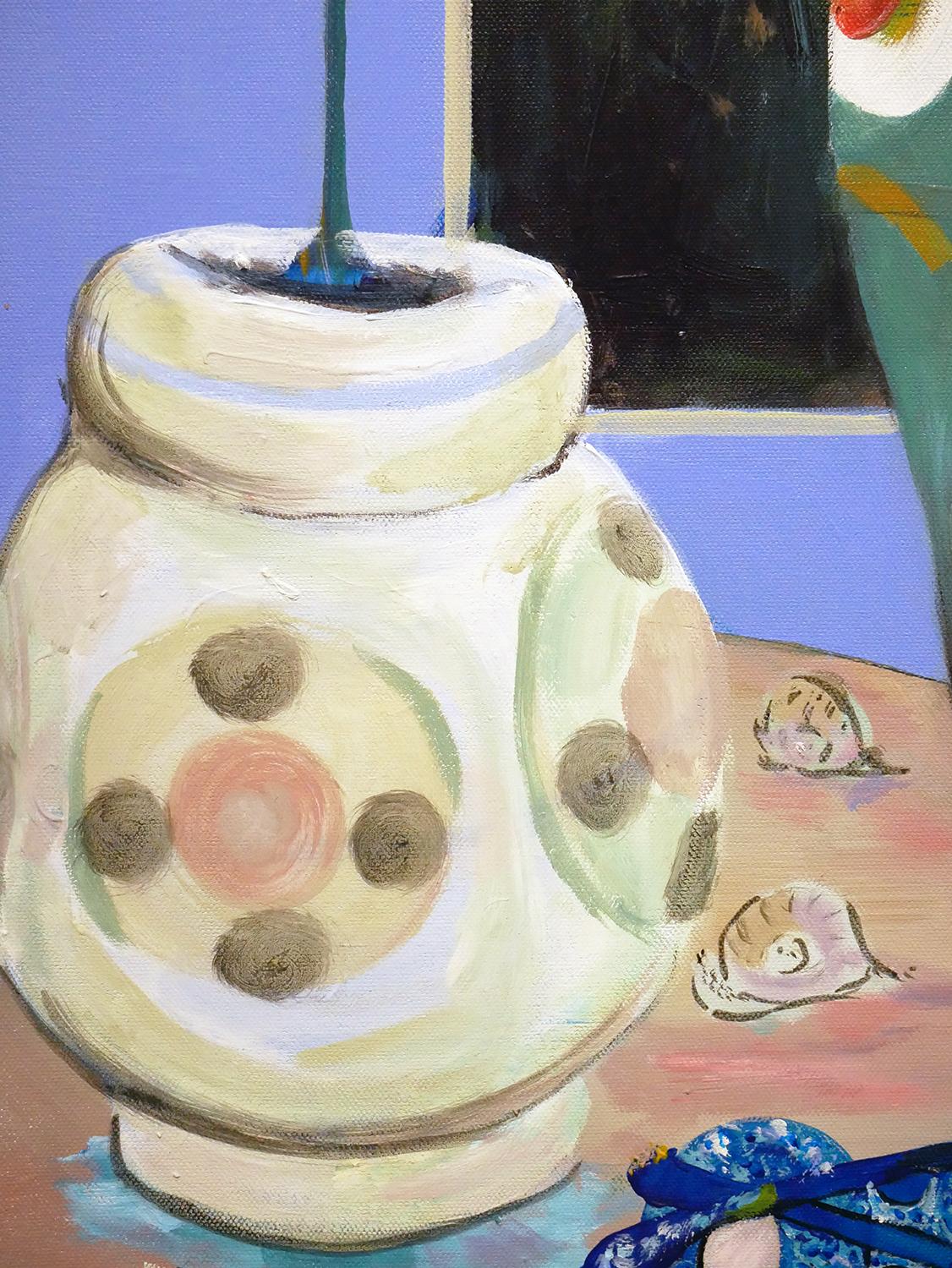 « Table des Temps », peinture contemporaine de nature morte aux tons pastel d'un vase et d'un orchidée en vente 4