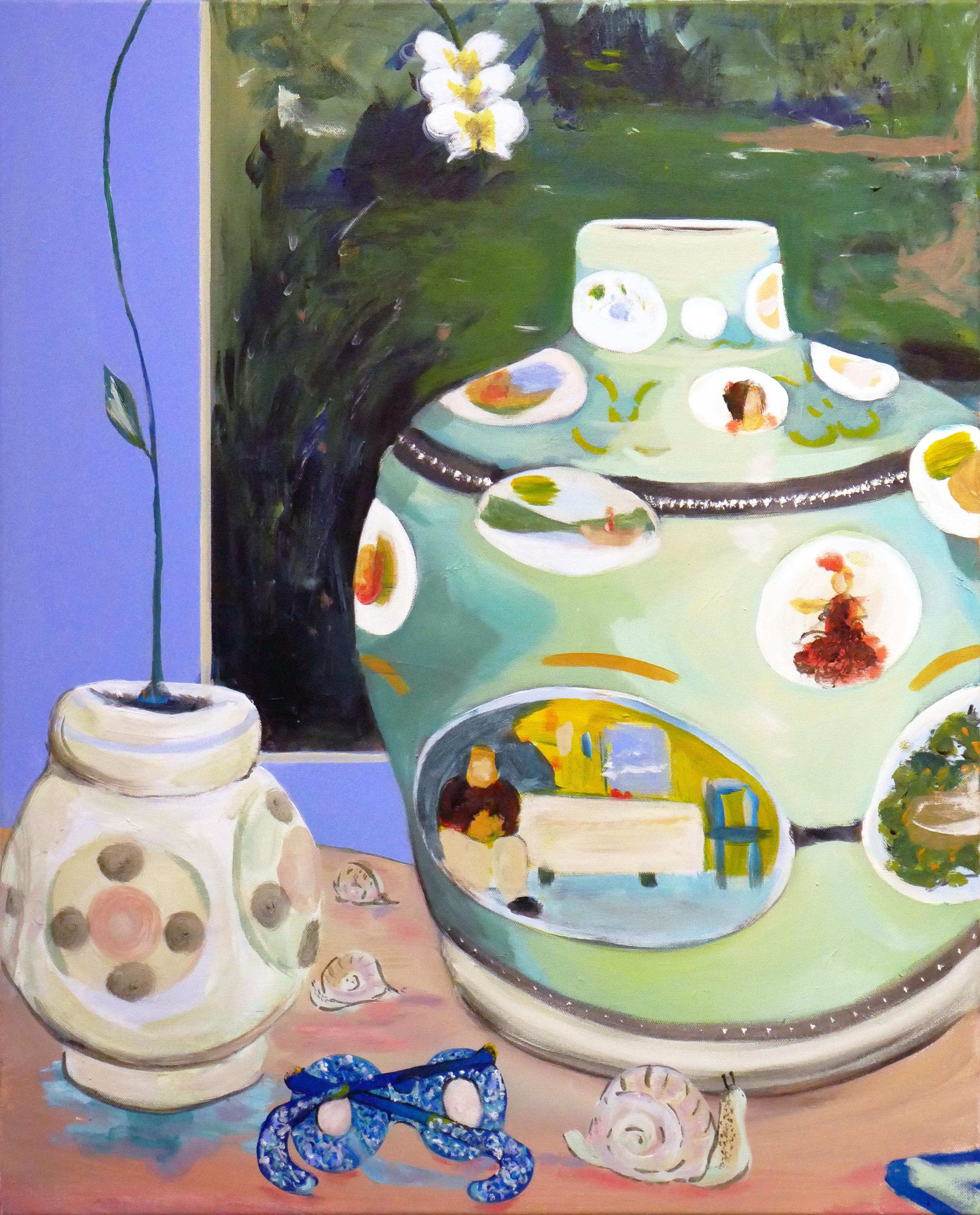 Interior Painting Moisés Villafuerte - « Table des Temps », peinture contemporaine de nature morte aux tons pastel d'un vase et d'un orchidée