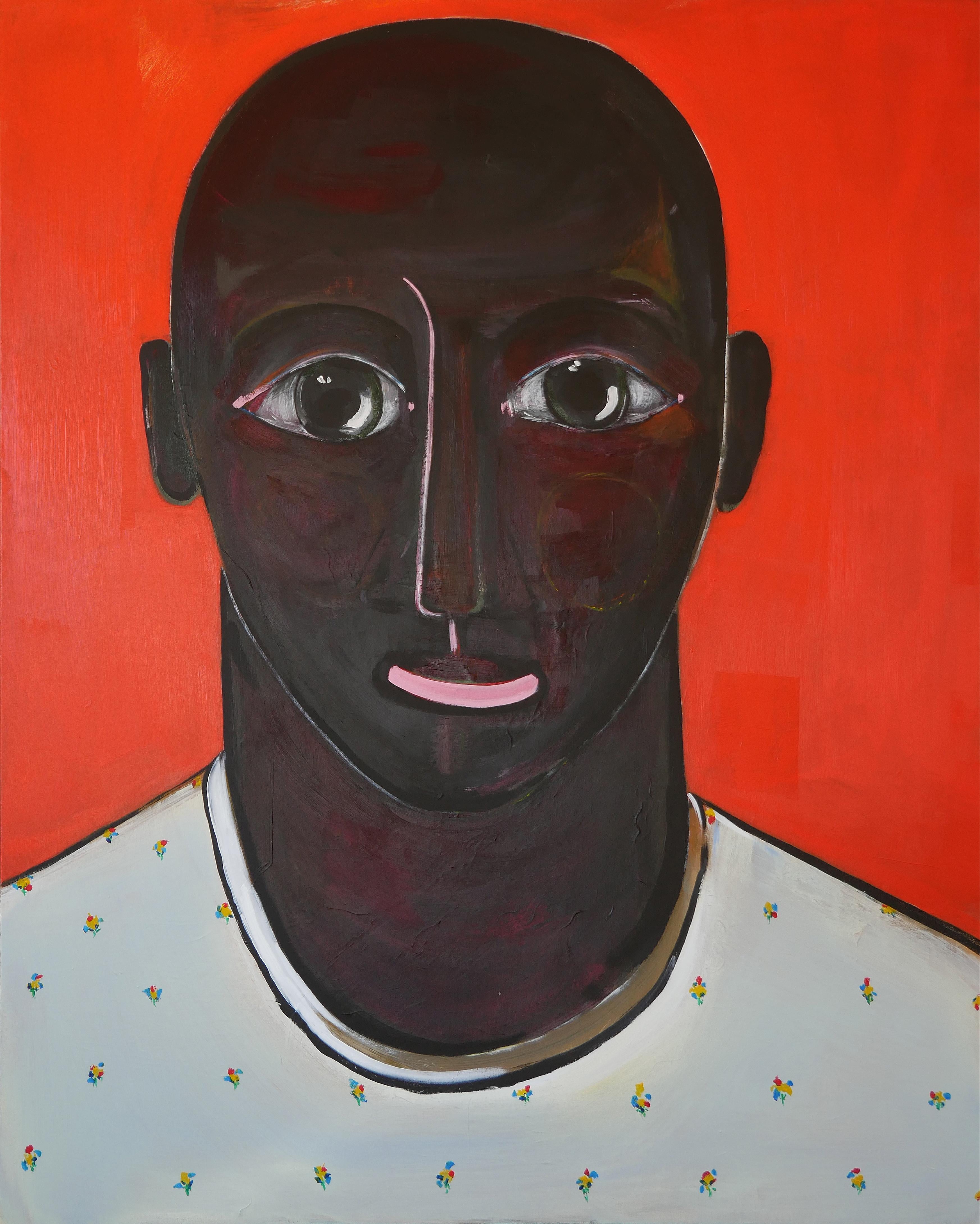 Moisés Villafuerte Portrait Painting - "Tierno" Contemporary Portrait of a Male Figure Against Bright Orange Background