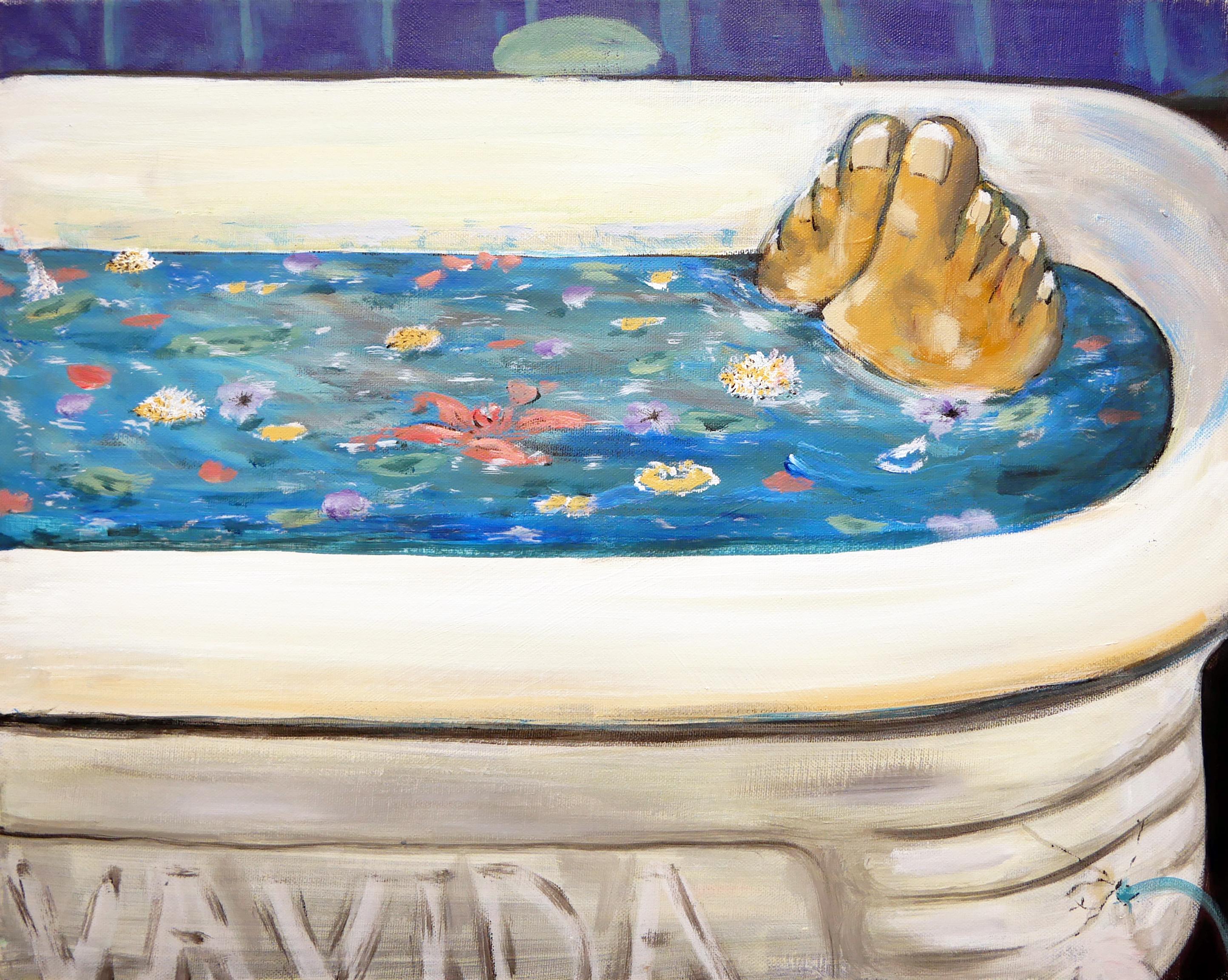 Moisés Villafuerte Interior Painting - "Un Baño de Flores" Blue & White Contemporary Abstract of a Figure in a Bathtub