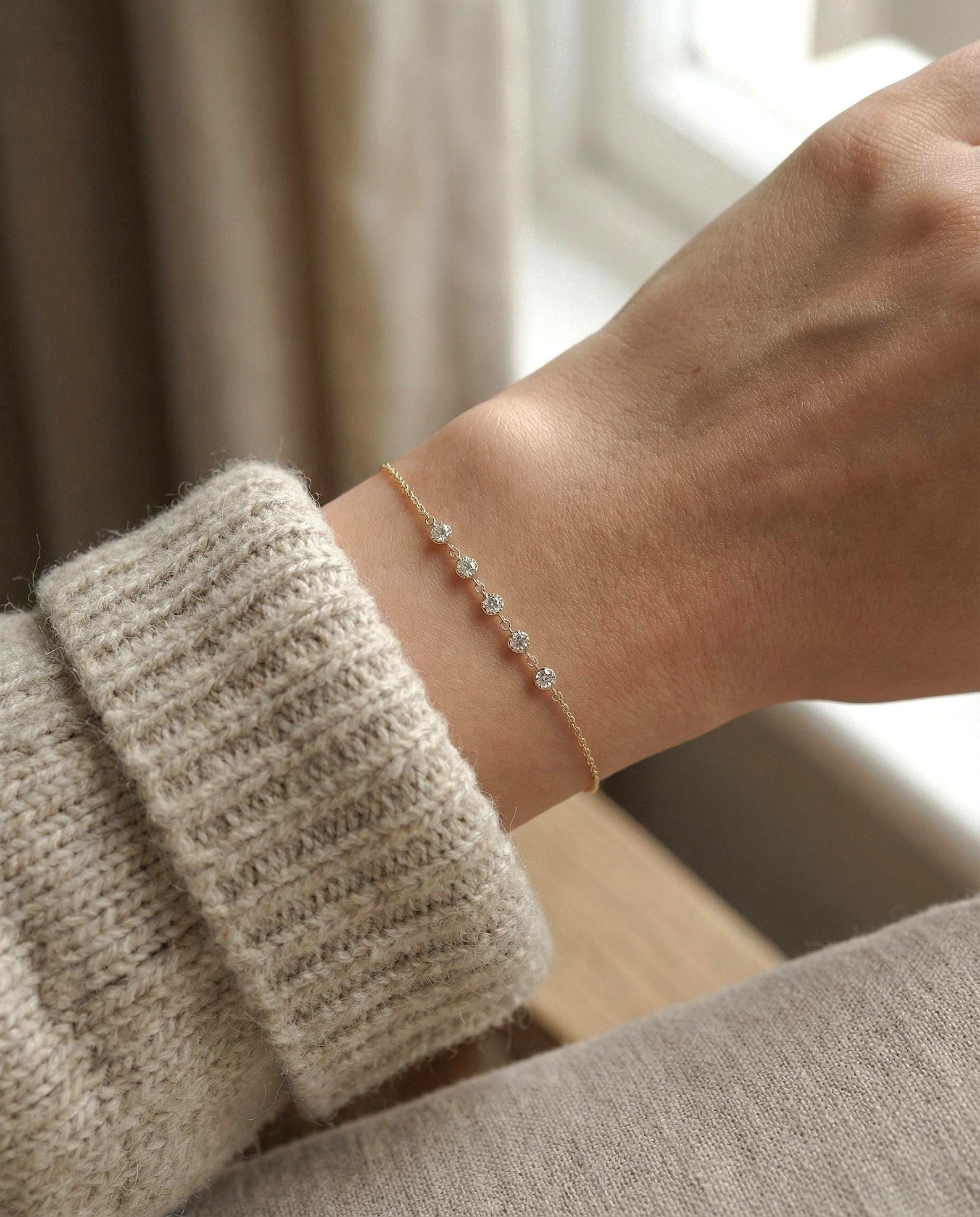 Moissanite Chain Bracelet 925 Sterling Silver Five Stone Bracelet Gift For Her.