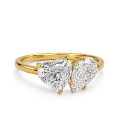 Moissanite Toi et Moi Heart Pear Ring 925 Silver Duo Ring Unique Women Ring.
