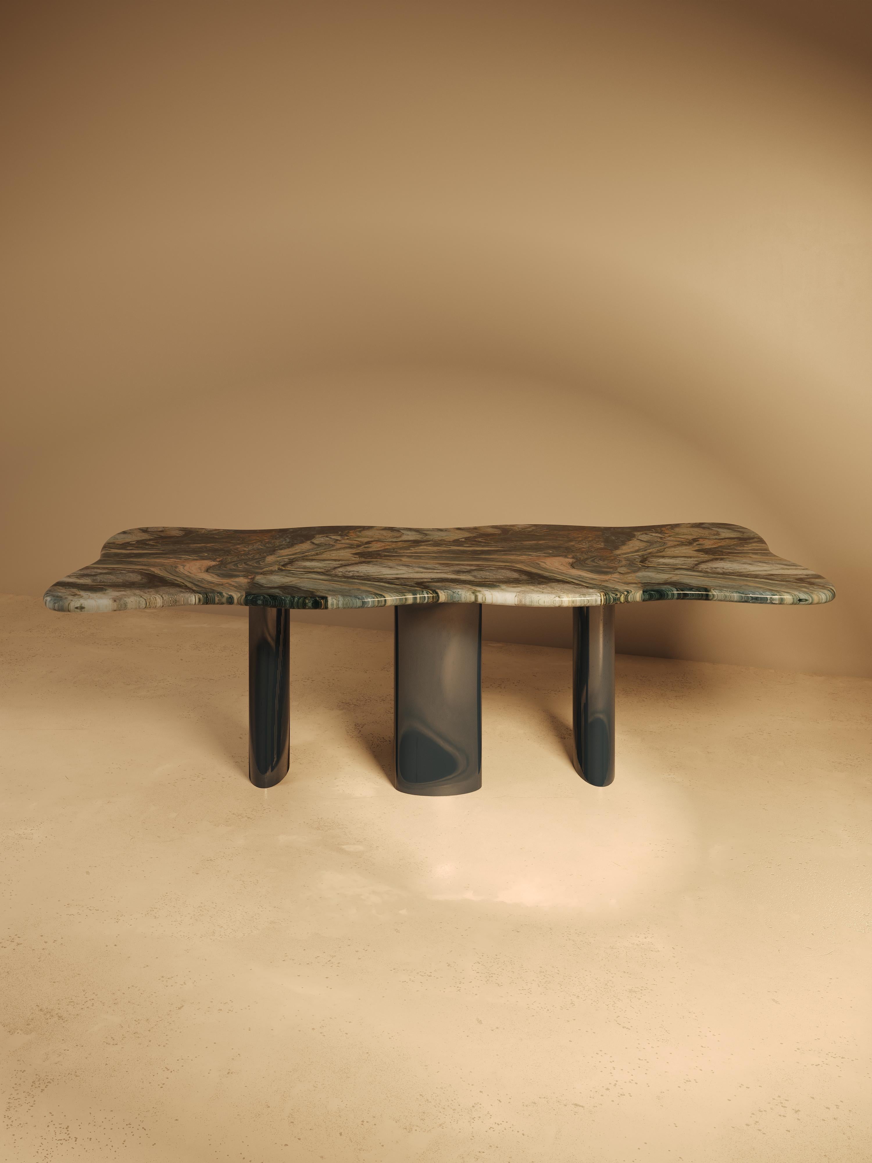 Marble MOJE Dining Table with Lacquer Legs - Quartzite Blue Blend Top For Sale