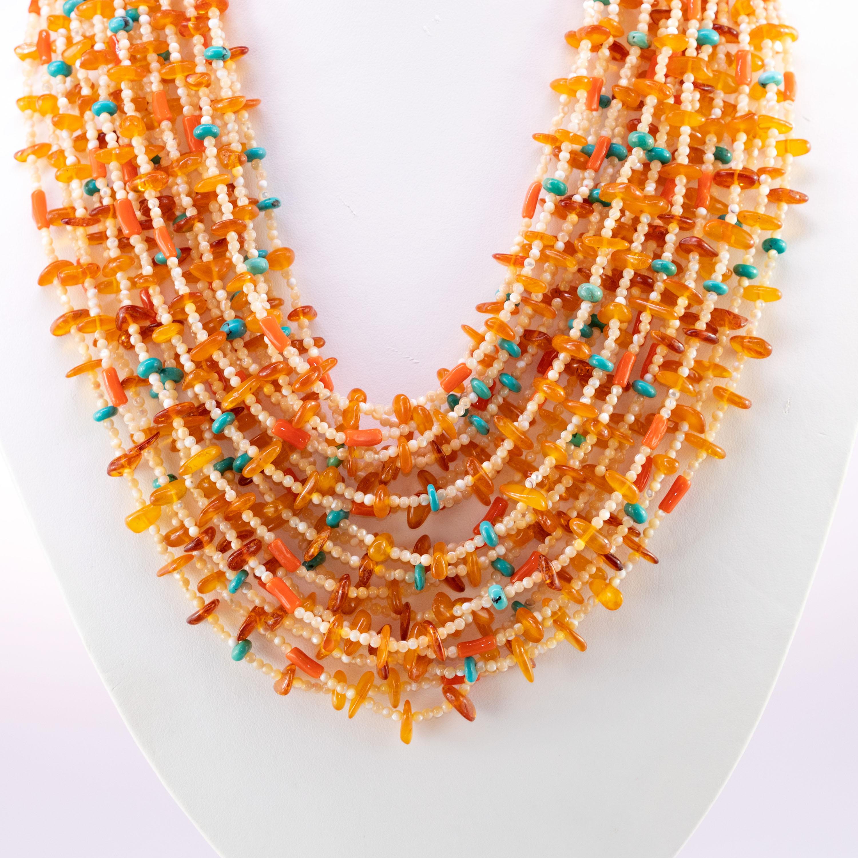 Mixed Cut Moka Mother Pearl Amber Turquoise Coral Chunky Bold Beaded Multi Strand Necklace