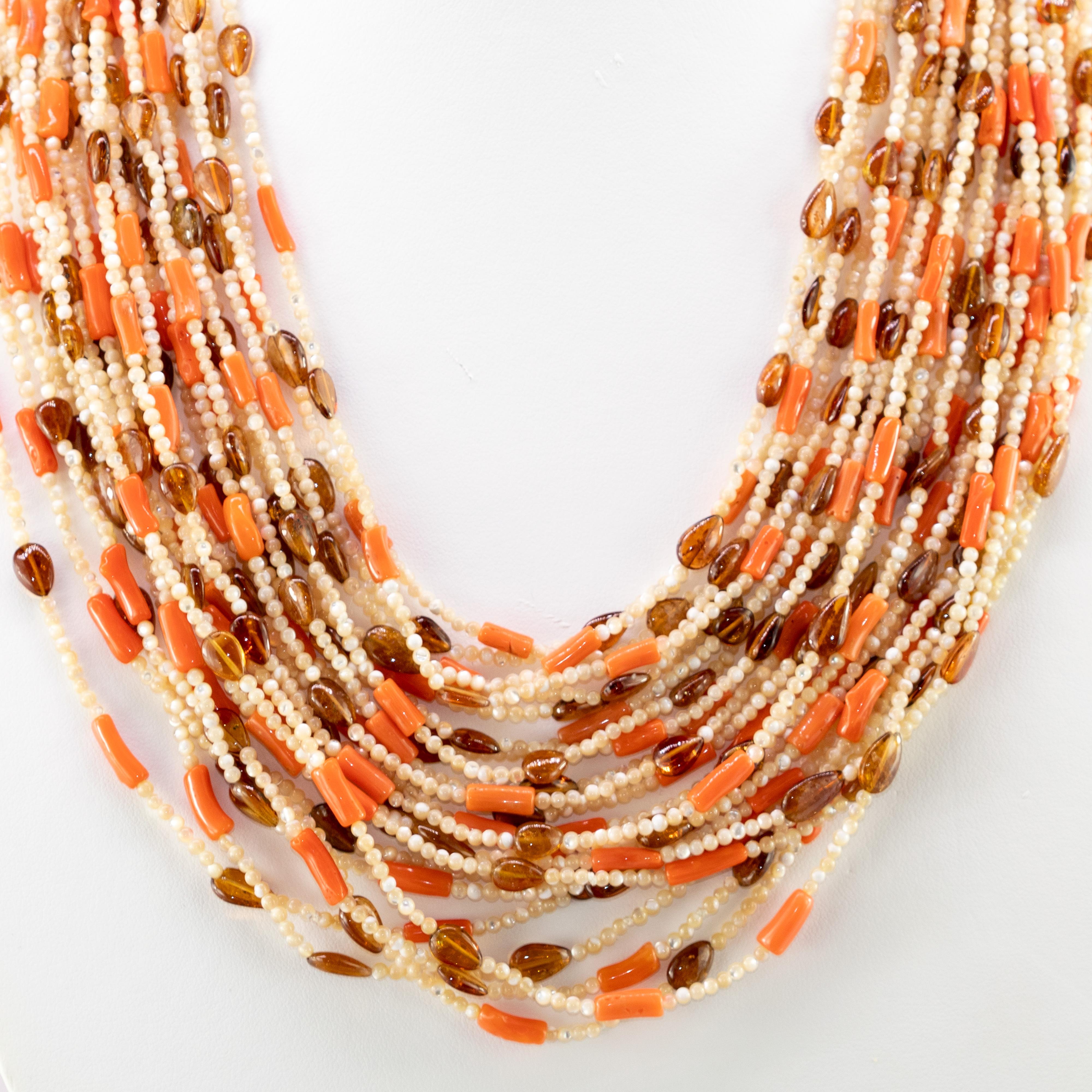 Art Deco Moka Mother Pearl Coral Fume Quartz Chunky Bold Beaded Multi Strand Necklace For Sale