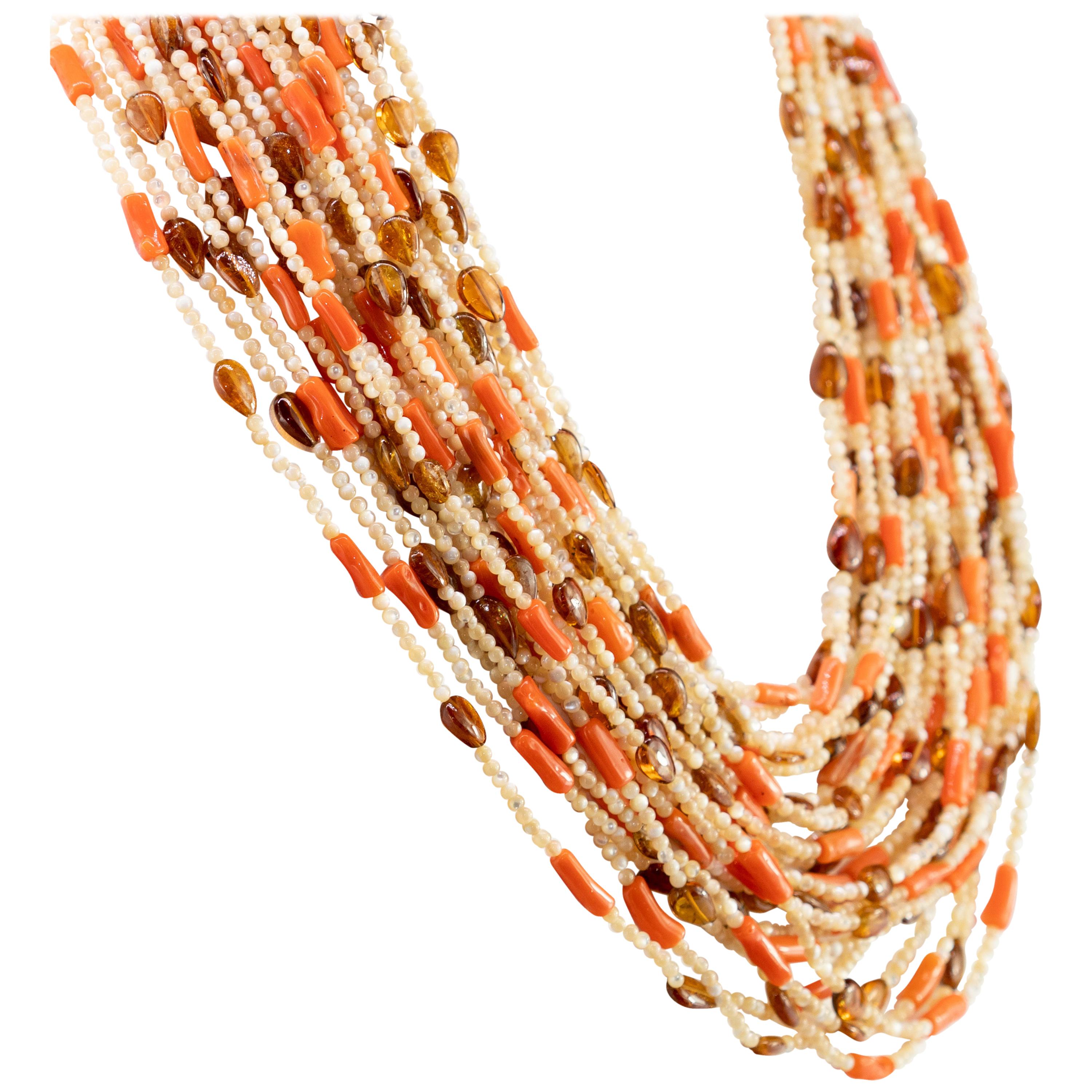 Moka Mother Pearl Coral Fume Quartz Chunky Bold Beaded Multi Strand Necklace For Sale