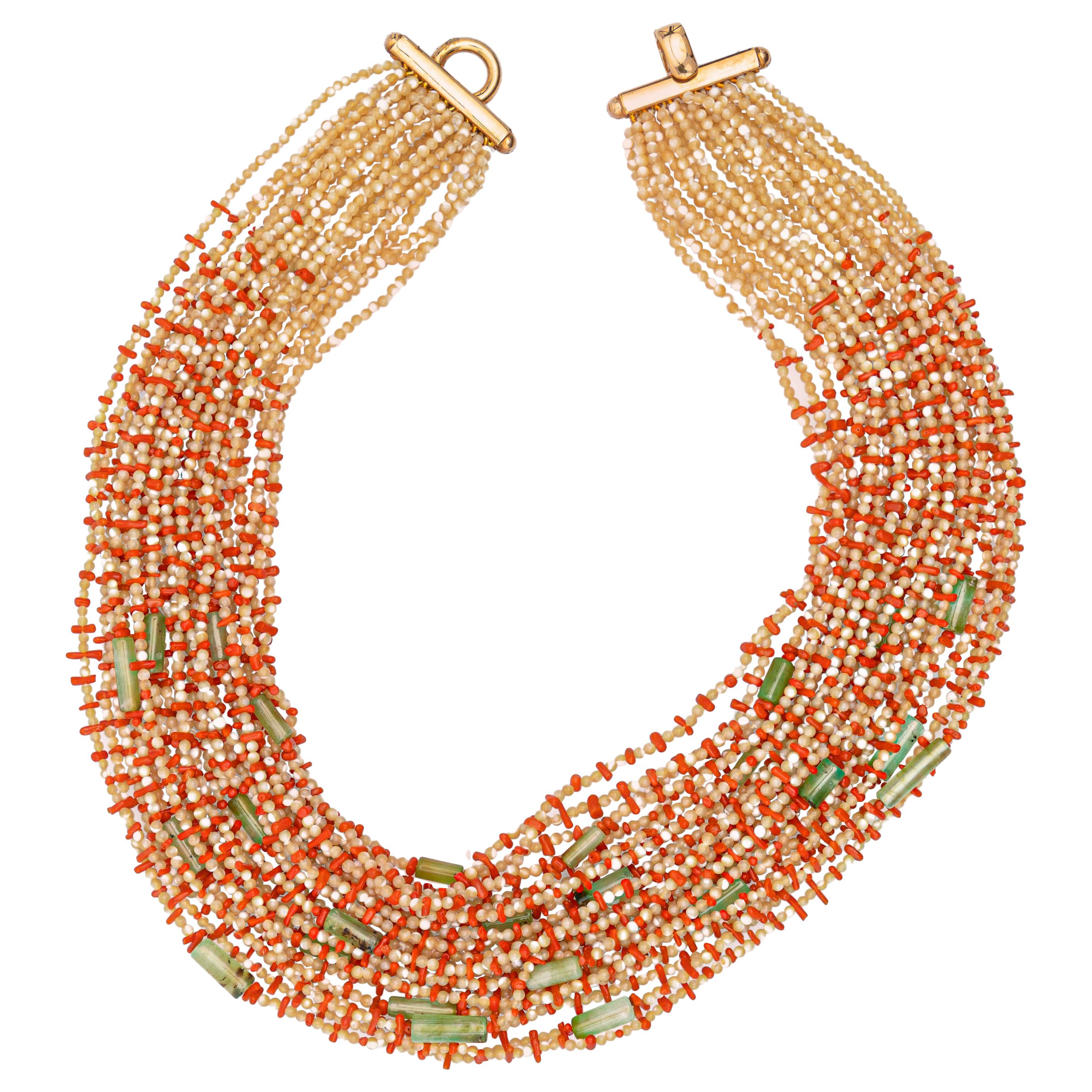 Moka Mother Pearl Red Coral Chrysoprase Chunky Bold Beaded Multi Strand Necklace For Sale