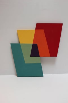 Hoodwink, colorful geometric painting on shaped canvas with three parallelograms