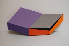 Turnabout, colorful geometric acrylic and clay painting on shaped canvas