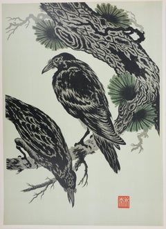 Japanese Print, Crows on a Branch - Signed Woodcut