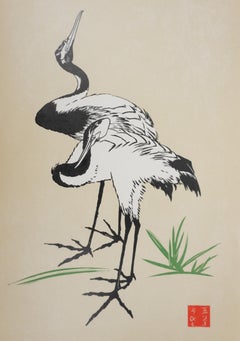 Japanese Print, Herons - Signed Woodcut