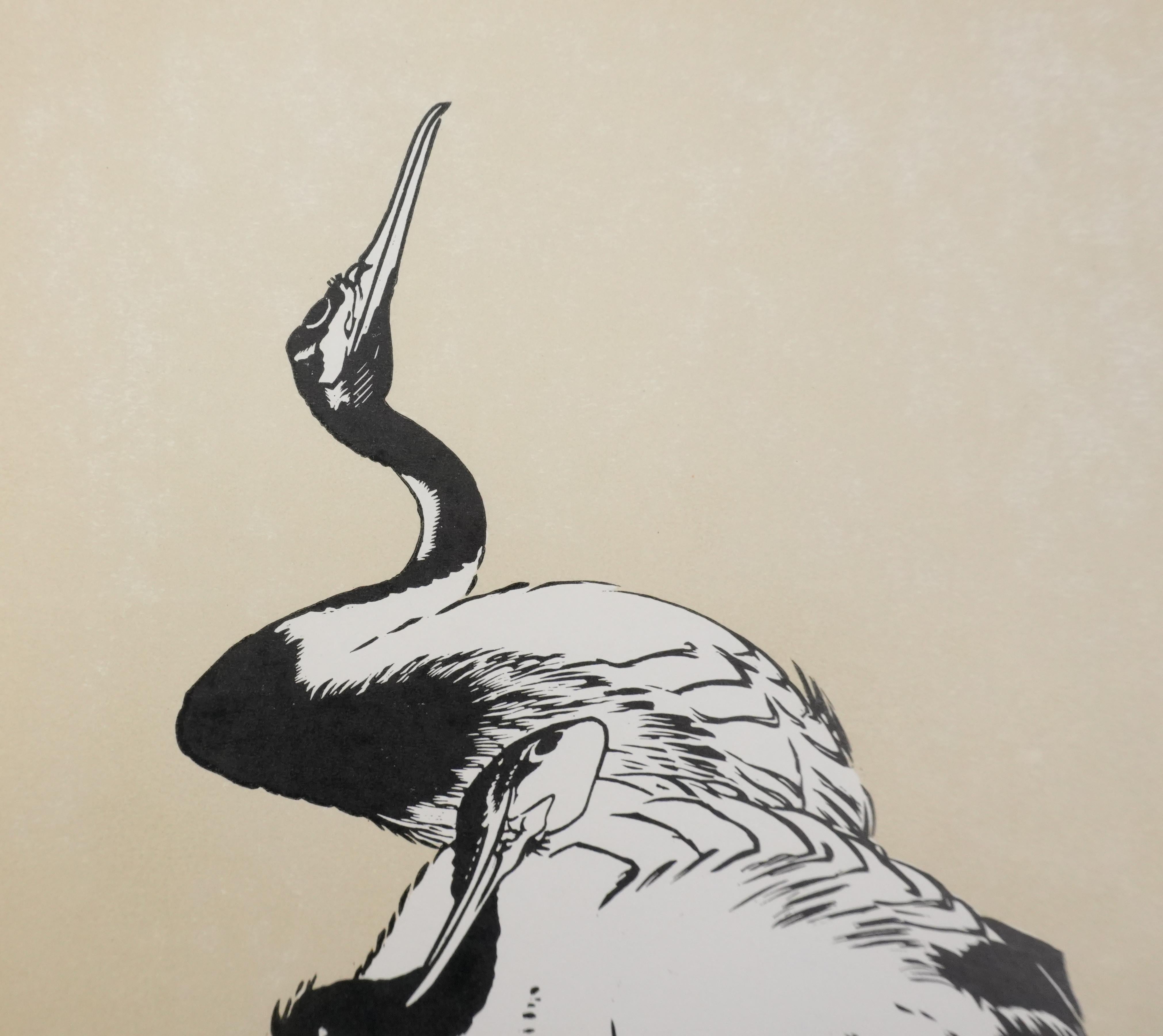 Japanese Print, Herons - Signed Woodcut For Sale 2