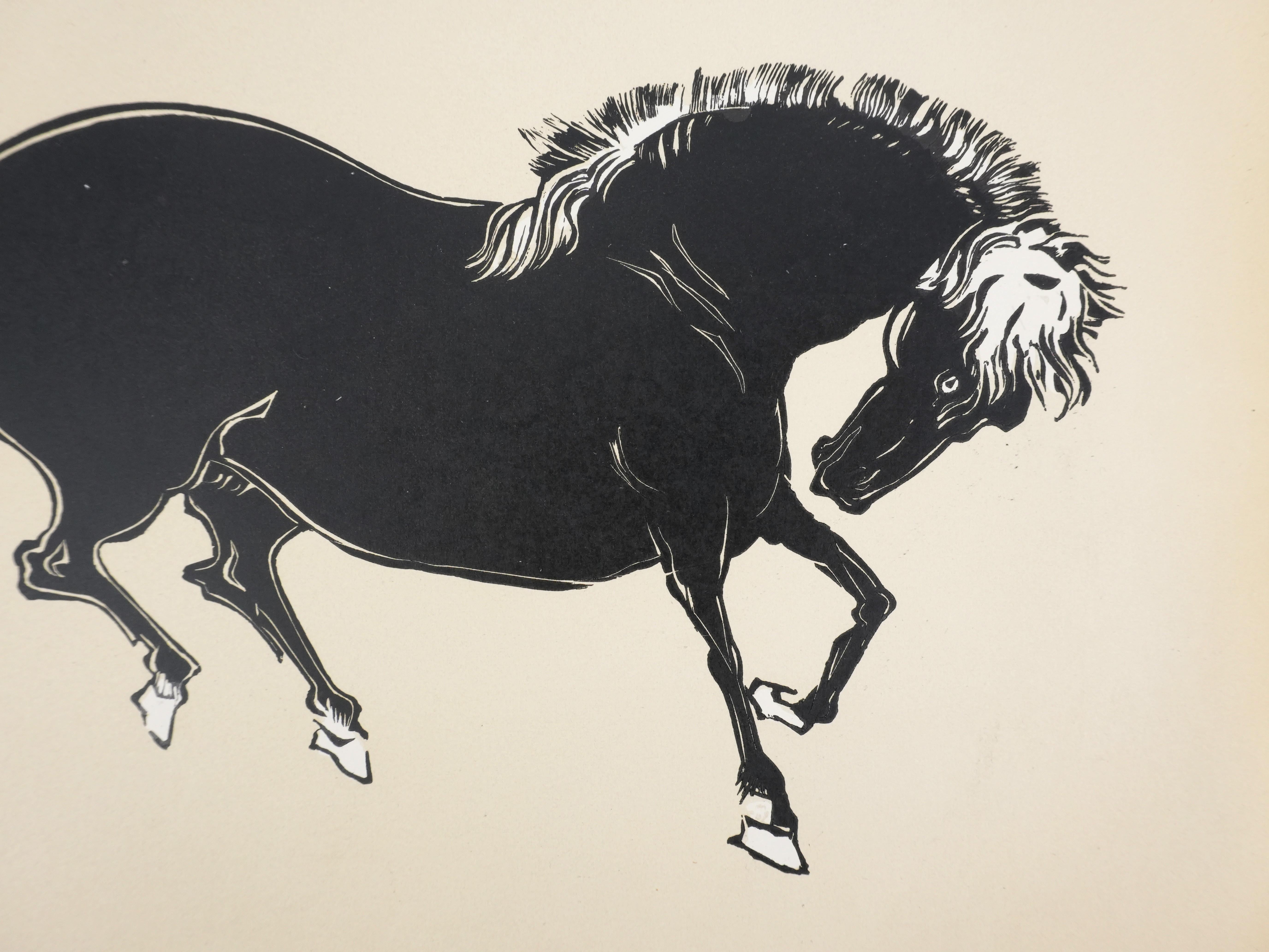 Japanese Print, Horse Bowing - Signed Woodcut For Sale 1
