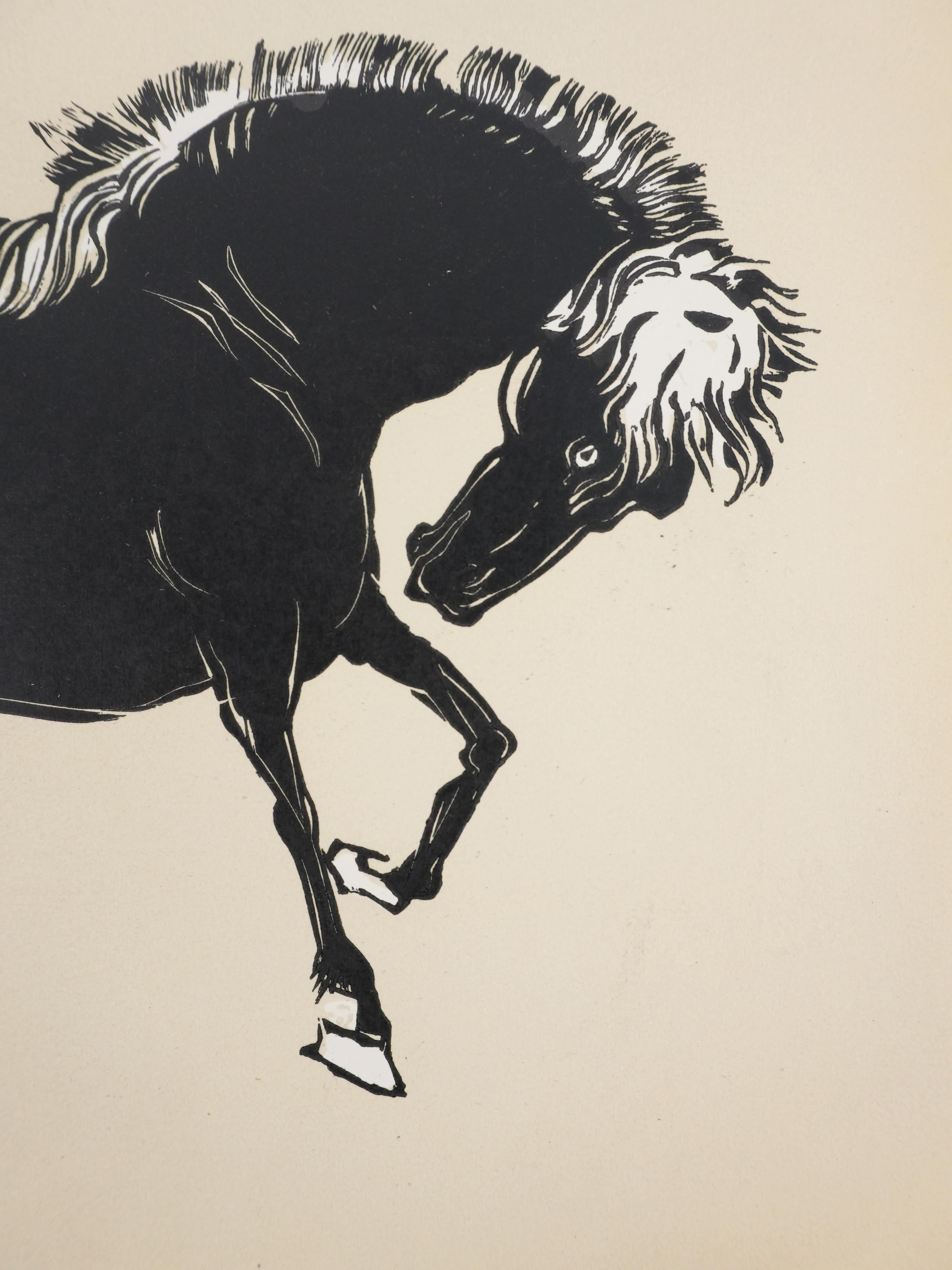 Japanese Print, Horse Bowing - Signed Woodcut For Sale 2