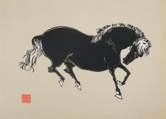 Japanese Print, Horse Bowing - Signed Woodcut