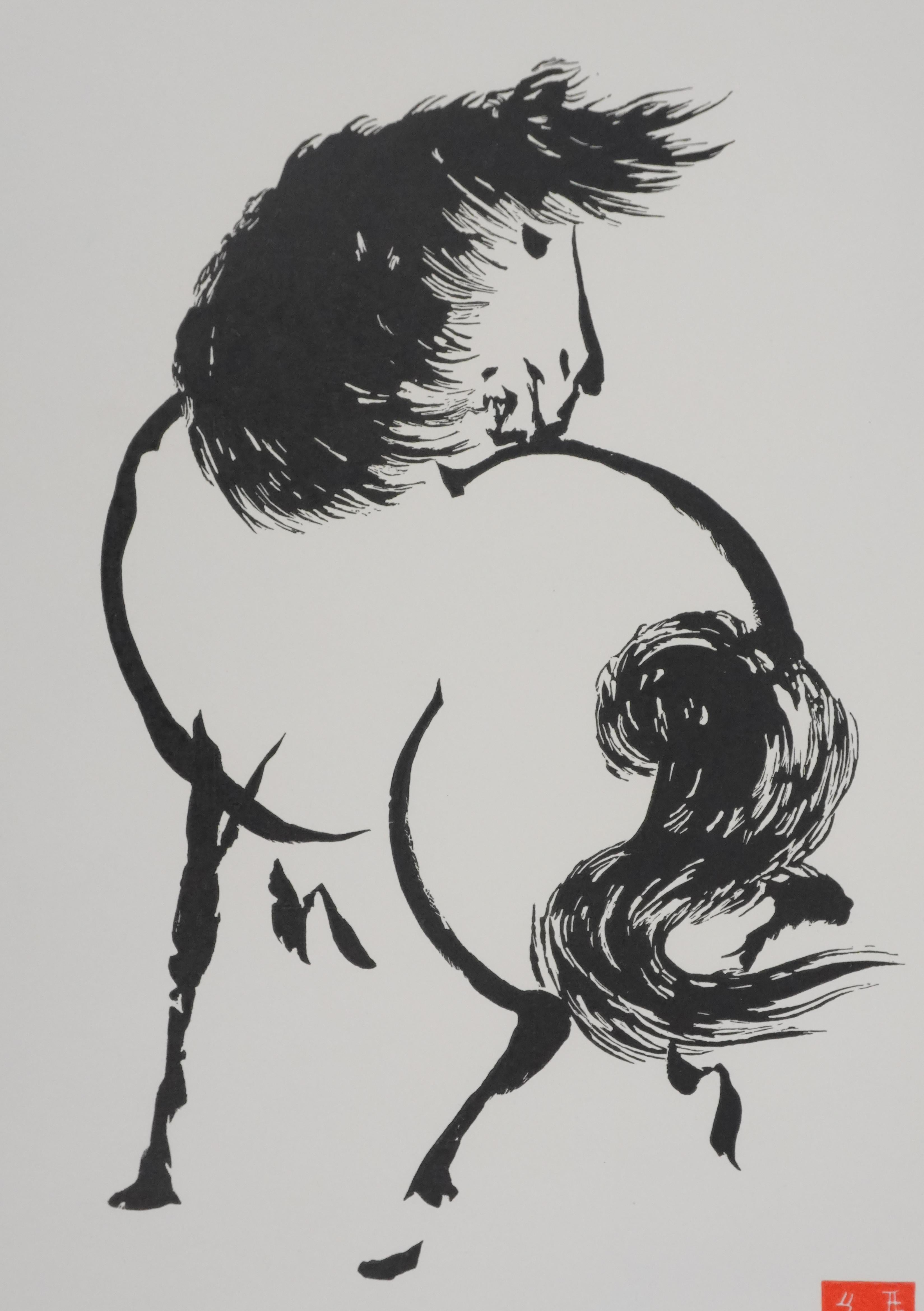 Japanese Print, Horse Turning Around - Signed Woodcut For Sale 1