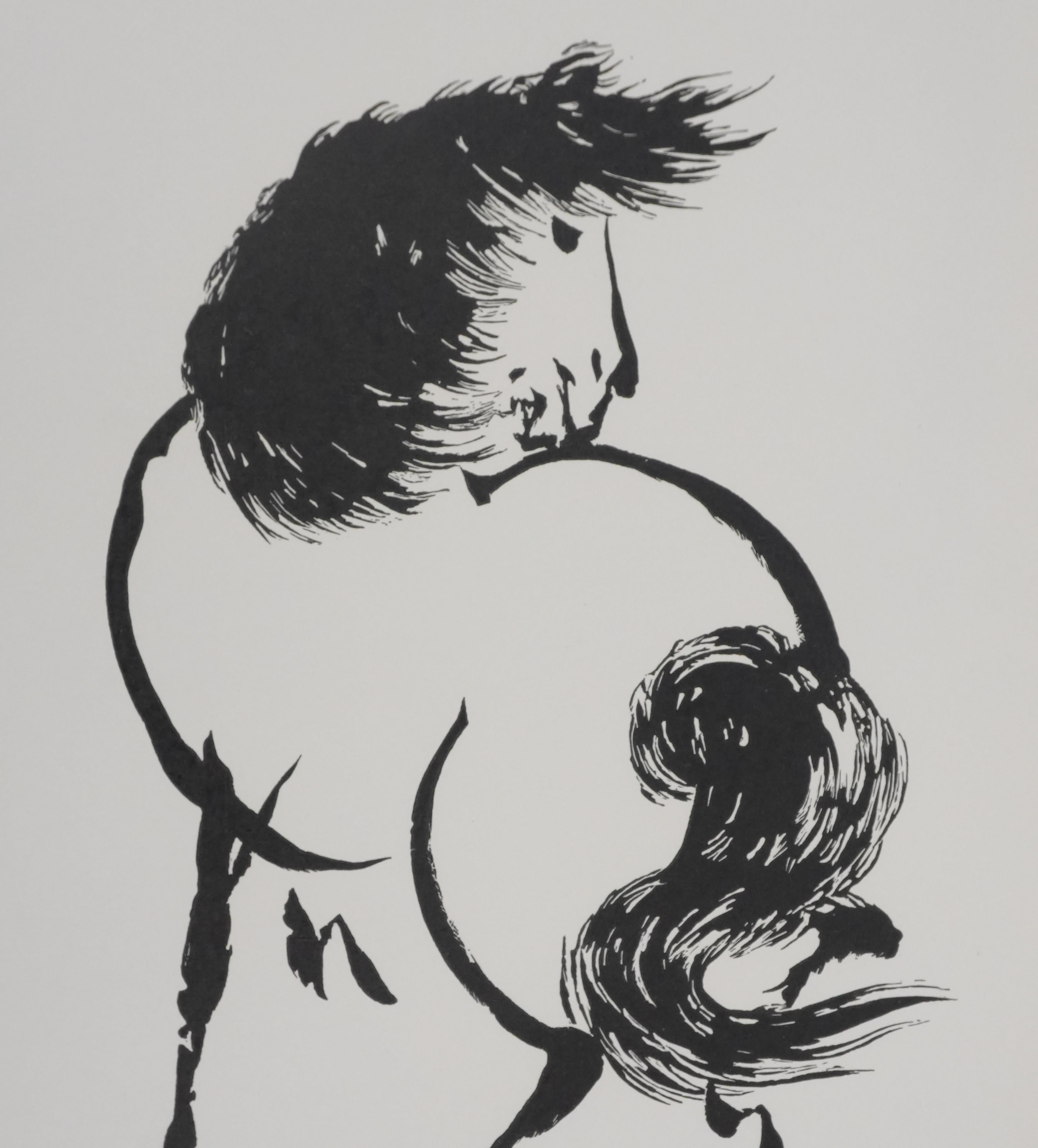 Japanese Print, Horse Turning Around - Signed Woodcut For Sale 2