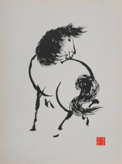 Japanese Print, Horse Turning Around - Signed Woodcut