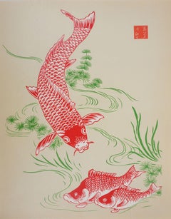Japanese Print, Koi Carp - Signed Woodcut