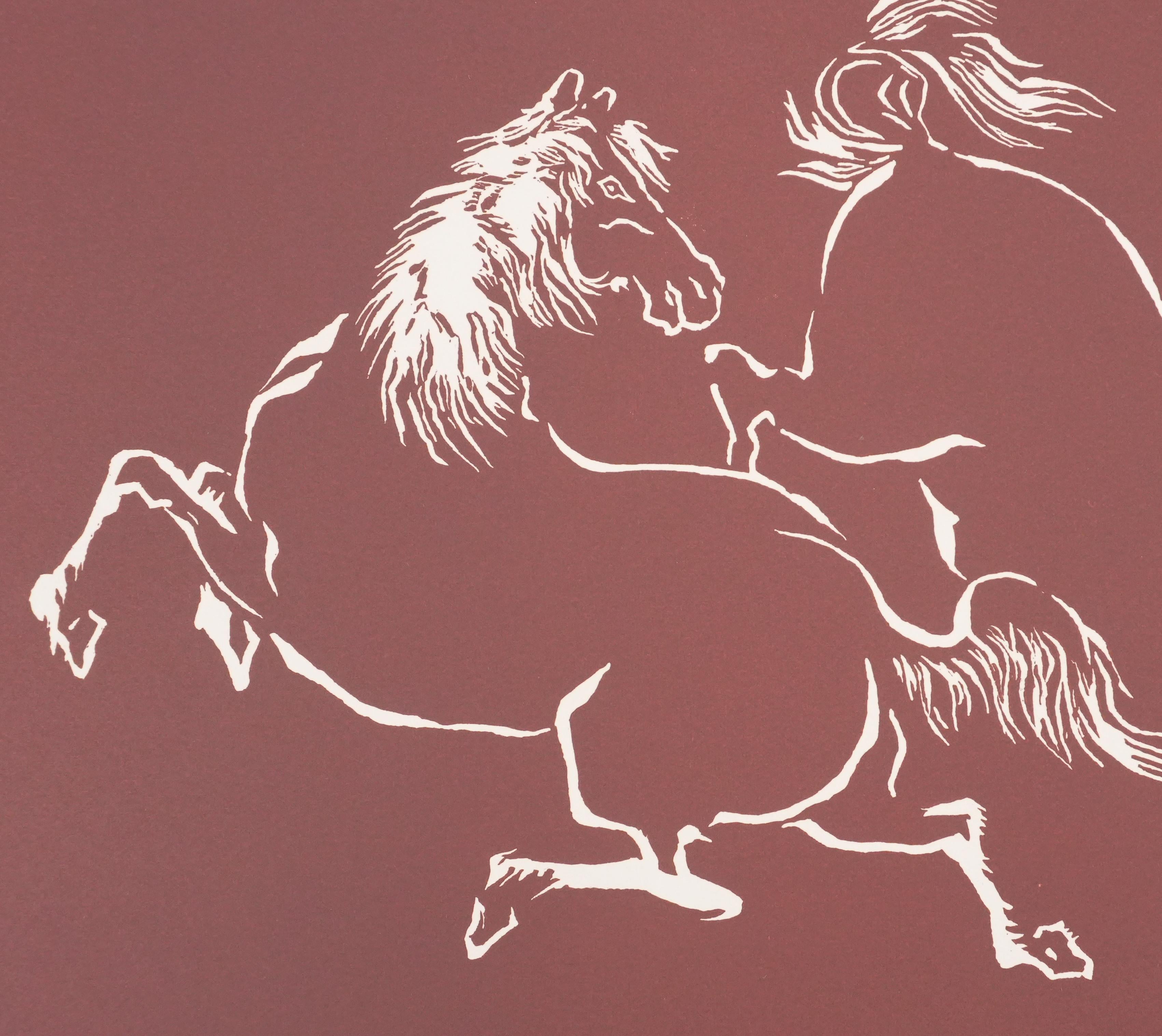 Japanese Print, Pair of horses playing (red) - Signed Woodcut For Sale 2