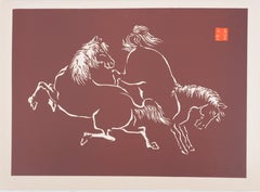 Japanese Print, Pair of horses playing (red) - Signed Woodcut