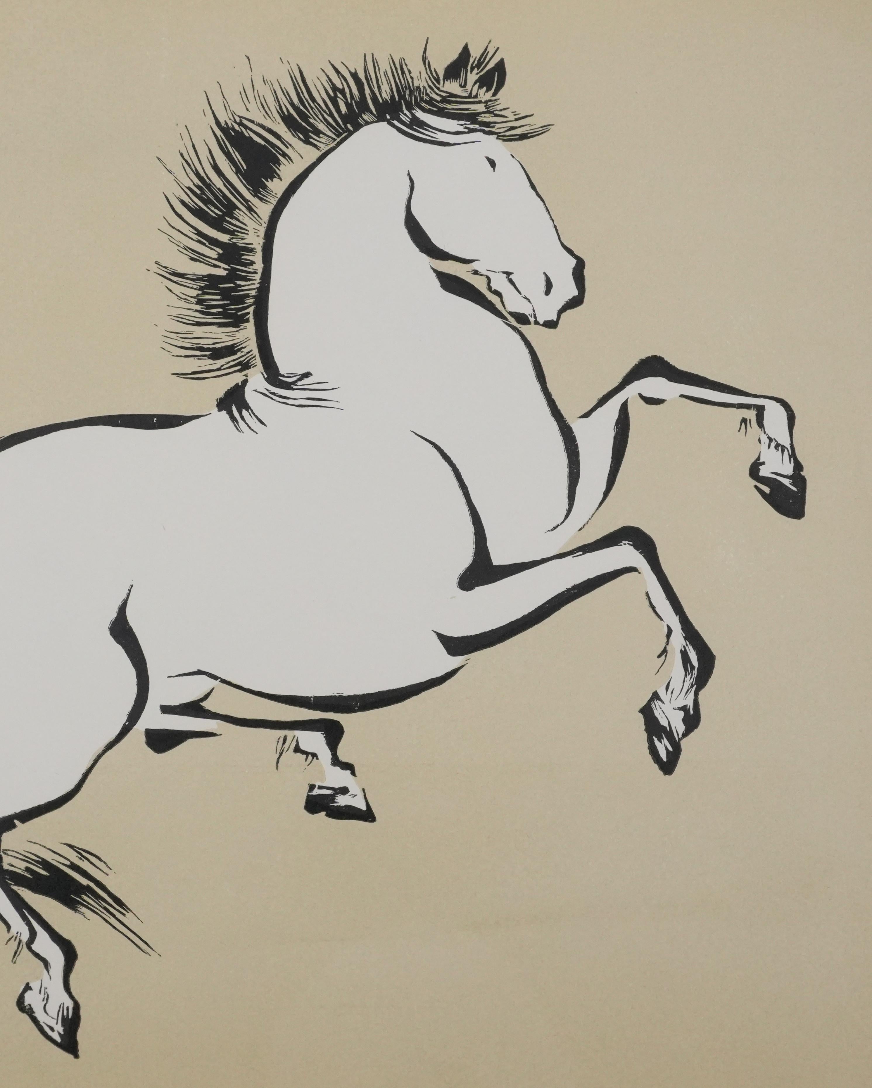 Japanese Print, Rearing Horse - Signed Woodcut For Sale 1