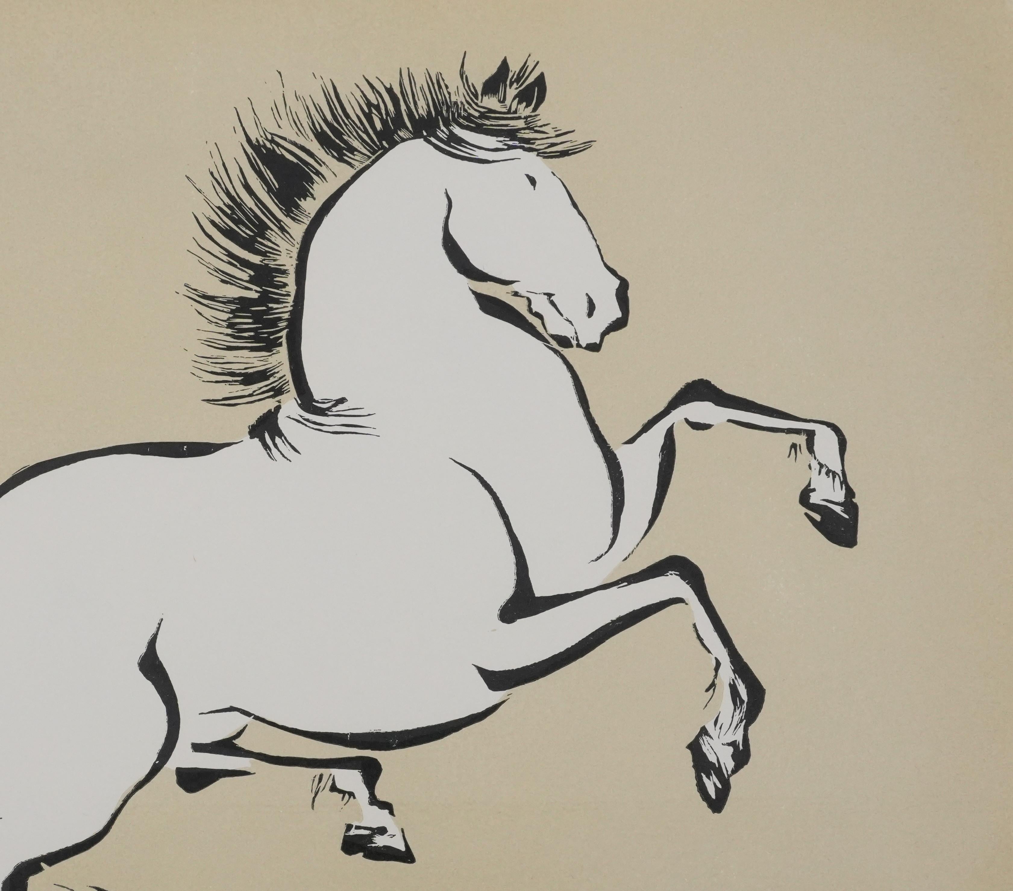 Japanese Print, Rearing Horse - Signed Woodcut For Sale 2