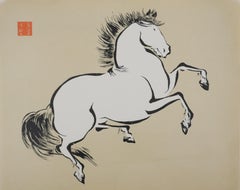 Japanese Print, Rearing Horse - Signed Woodcut