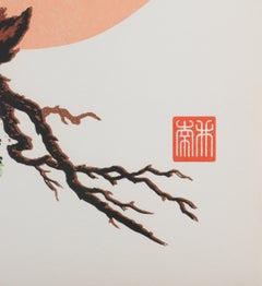 Japanese Print, The Flight of the Crows at Sunset - Signed Woodcut