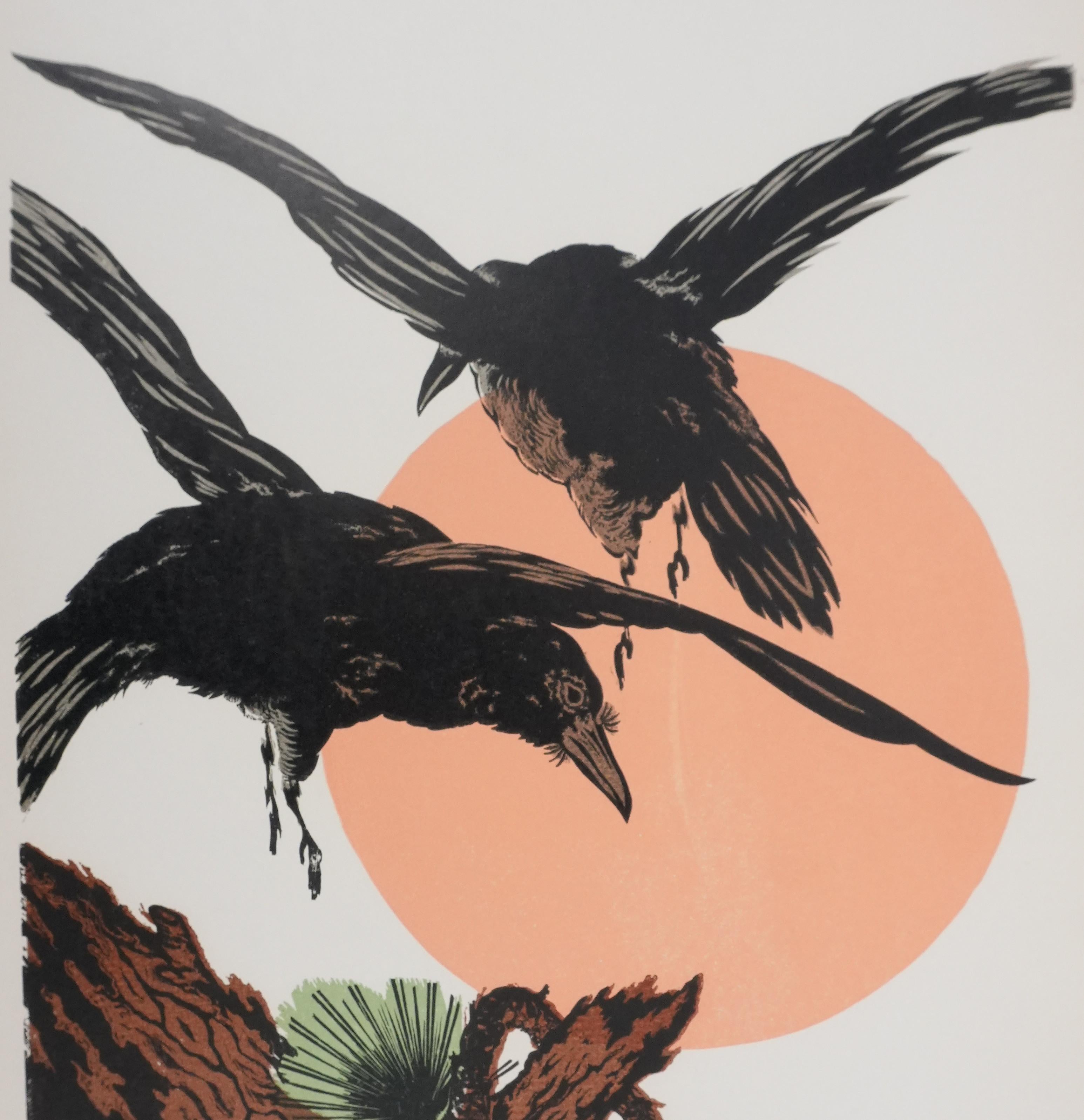 Mokuchu URUSHIBARA
The Flight of the Crows at Sunset, c. 1930

Woodcut after on an ink drawing
Signed with the artist's stamp
On paper  39.5 x 28 cm (c. 15,35 x 11.02 in)

INFORMATION : Engraving published by Mokuchu URUSHIBARA, also known as